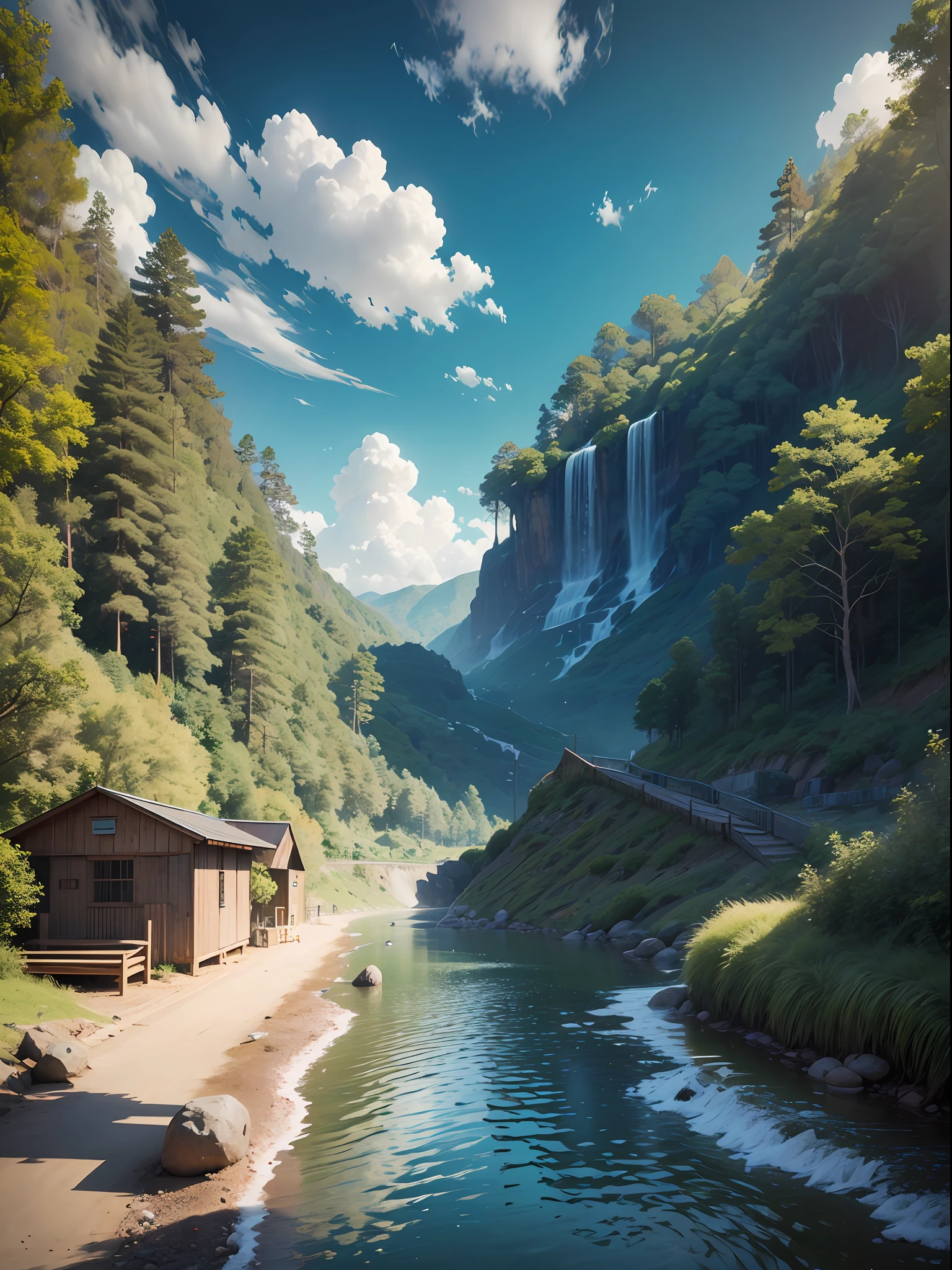 obra-prima, melhor qualidade, alta qualidade, papel de parede extremamente detalhado da unidade CG 8k, scenary, Ao ar livre, heaven, nuvem, dia, jovem coreana de toalhas, montanha, panorama, agua, tree, bluesky, cachoeira, penhasco, natureza, lago, rio, Cloudy sky, fotografia premiada, Bokeh, profundidade de campo, HDR, flor, chromatic aberration, fotorrealista, extremamente detalhado, trending on ArtStation, trend at CGSociety, intrincado, alto detalhe, dramatic, arte no meio da jornada