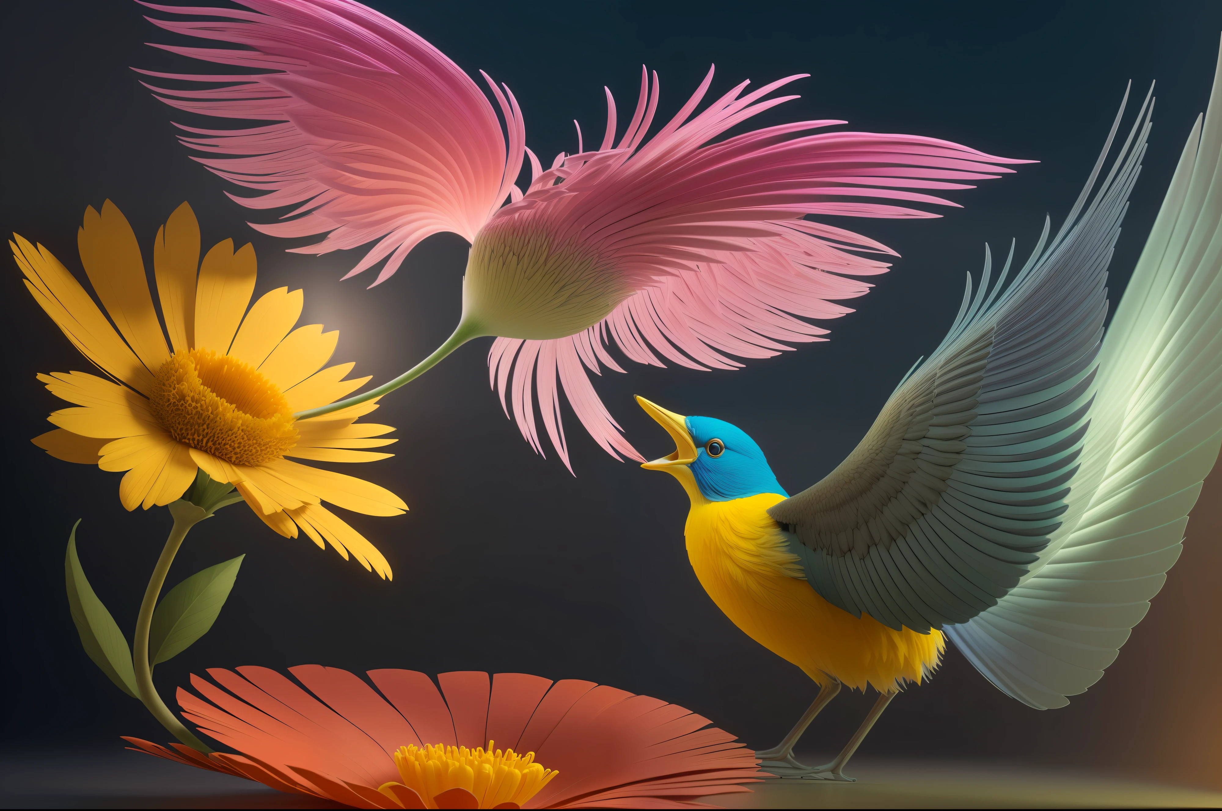 (super detalhada), (obra-prima), beija-flor de cores vivas pairando sobre uma flor com suas asas abertas, ultra realistic 3d illustration, photorealistic print of exotic, arte digital altamente detalhada, fotografia colorida realista, 3d renderizar arte digital, arte digital altamente detalhada, bela arte digital, hyper realistic 3 d render, hyper detailed 3d render, hyper detailed 3d render, ultra realistic illustration, fotografia altamente realista