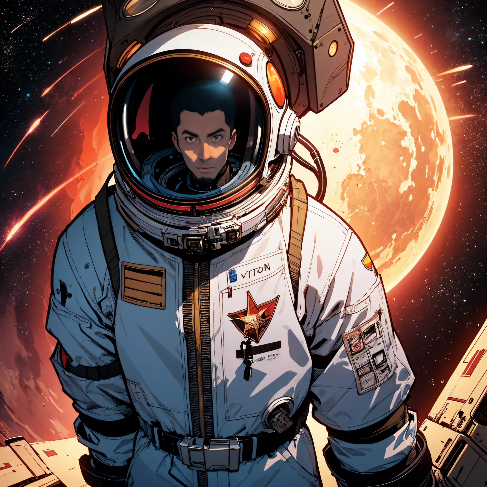 there is a man in a space suit with a red and white background, inspired by Victor Mosquera, laurie greasley and james jean, inspired by Chris Moore, cosmonaut, by sparth, in style of laurie greasley, nicolas bouvier sparth, jean-sebastien rossbach, by Victor Mosquera, bastien grivet