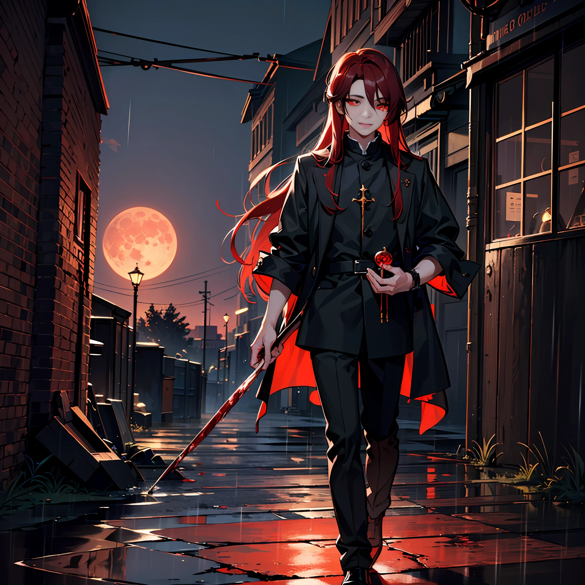 (absurd, highres, ultra-detailed),((human)),((((male child)))), finely detailed eyes, ((dark red hair)), complex pattern, detailed face, magic effect, best proportion four fingers and one thumb, blood, red aura, smile, closed mouth, ((glowing red eyes)), torn clothes, cassock, ((black eye sclera)), demon tail, walking in a city, bloody hands, crying blood, macabre, gothic, ((long hair)), heavy rain, night, dark, blood moon