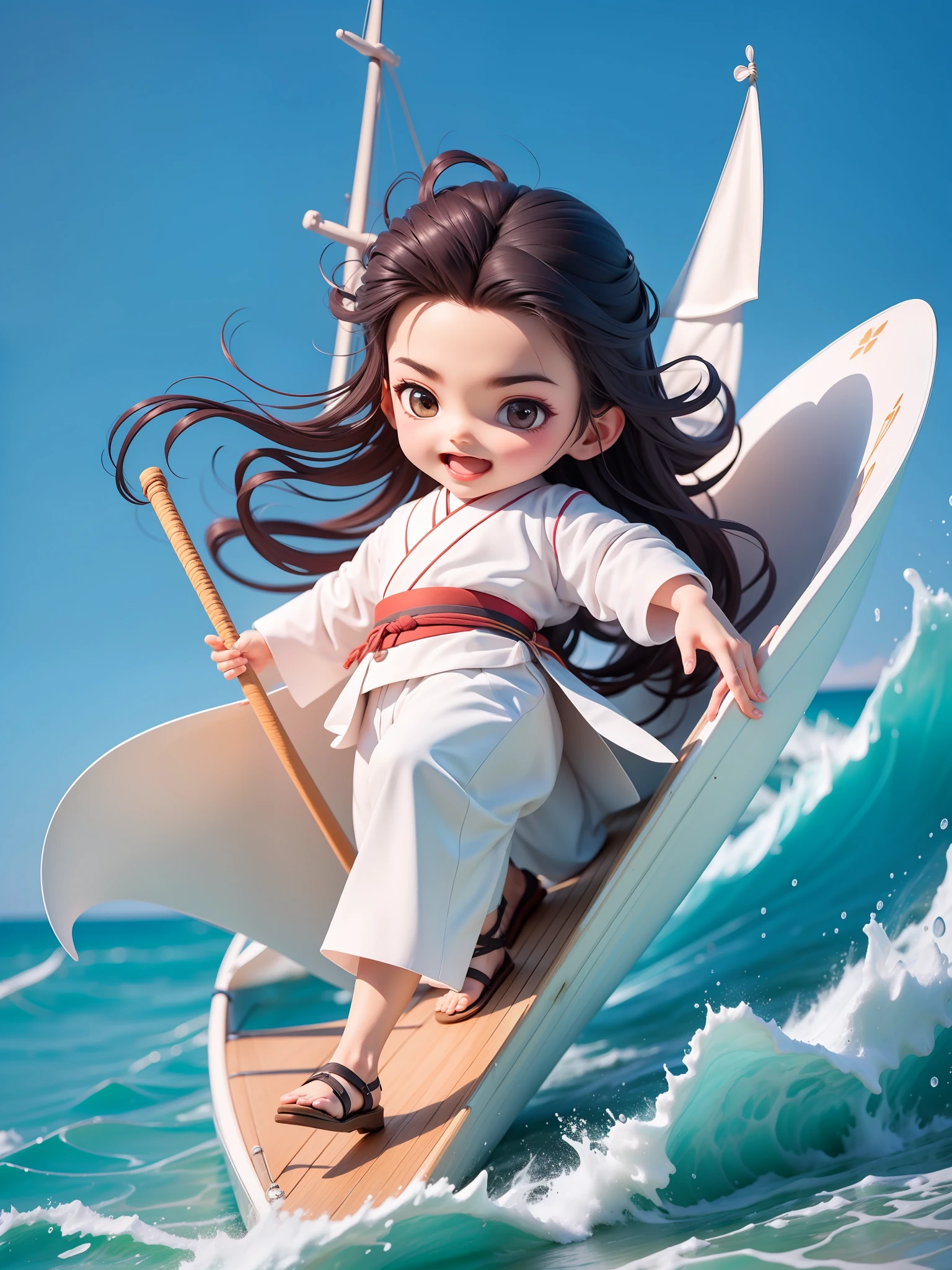 full body1boy:1.3,A twenty-year-old muscular man surfs on a sailboat at sea,sailing ship:1.3,Blue sea:1.3,black long hair,White clothes fluttering,Hanfu,Open your mouth and laugh,Full body,chibi