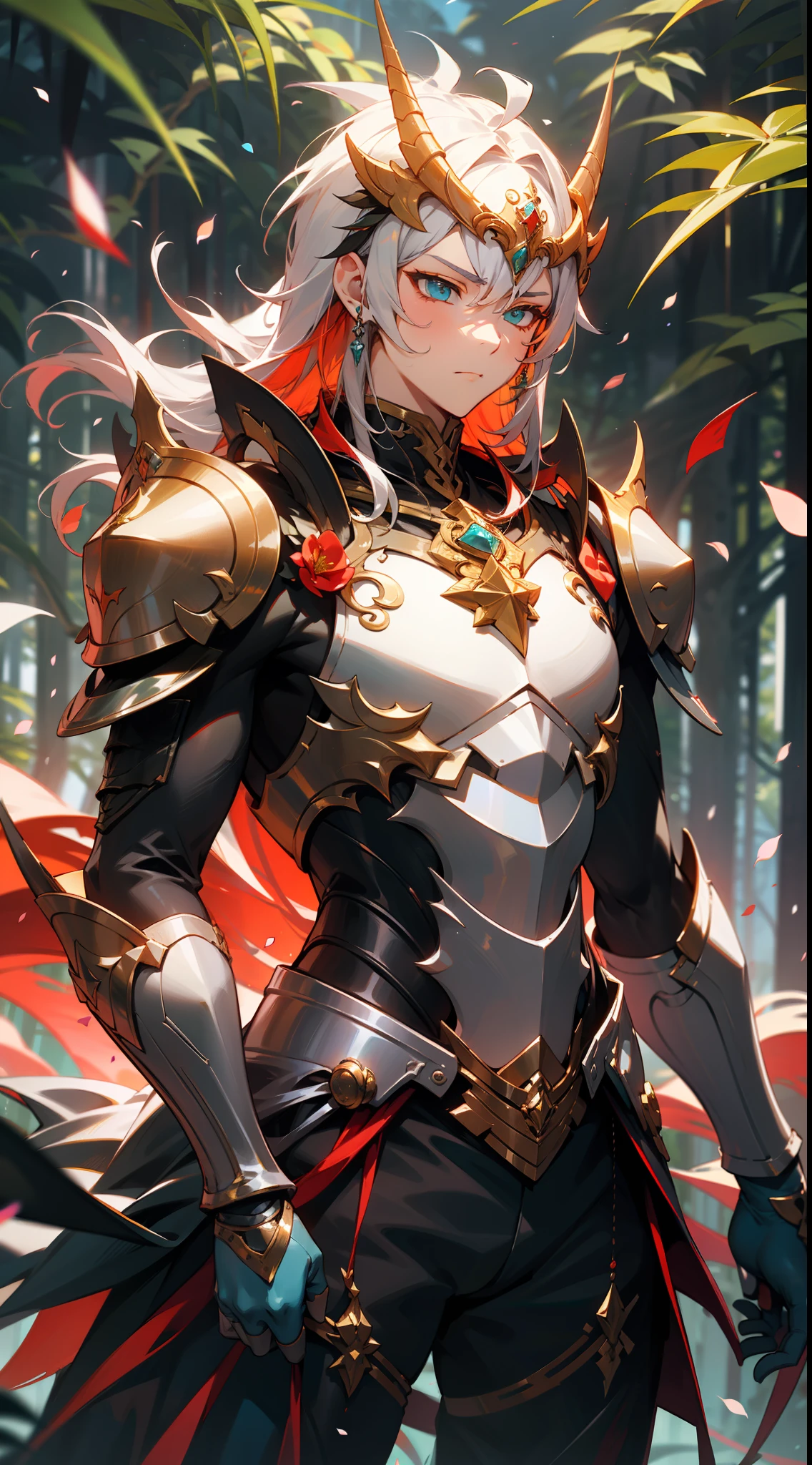 Uma deusa da floresta com uma coroa de flores, corpo inteiro, determined and confident expression, serious guy, wearing colorful red armor with flower petals and bright jewelry, em uma floresta de folhas azuis, with cosmic sky