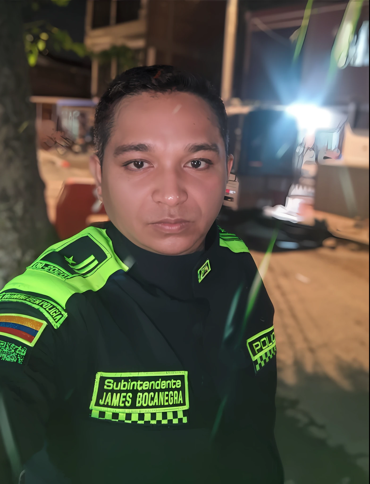 there is a man that is standing in the street with a flashlight, police officer, jose miguel roman frances, Retrato de Jerma985, Foto profesional, Retrato disparado 8K, colombiano, police man, reddit post, andres rios, wearing a police uniform, Agente de seguridad, Foto tomada por la noche, police man!!, dan dos santos, imagen frontal, estilo anime