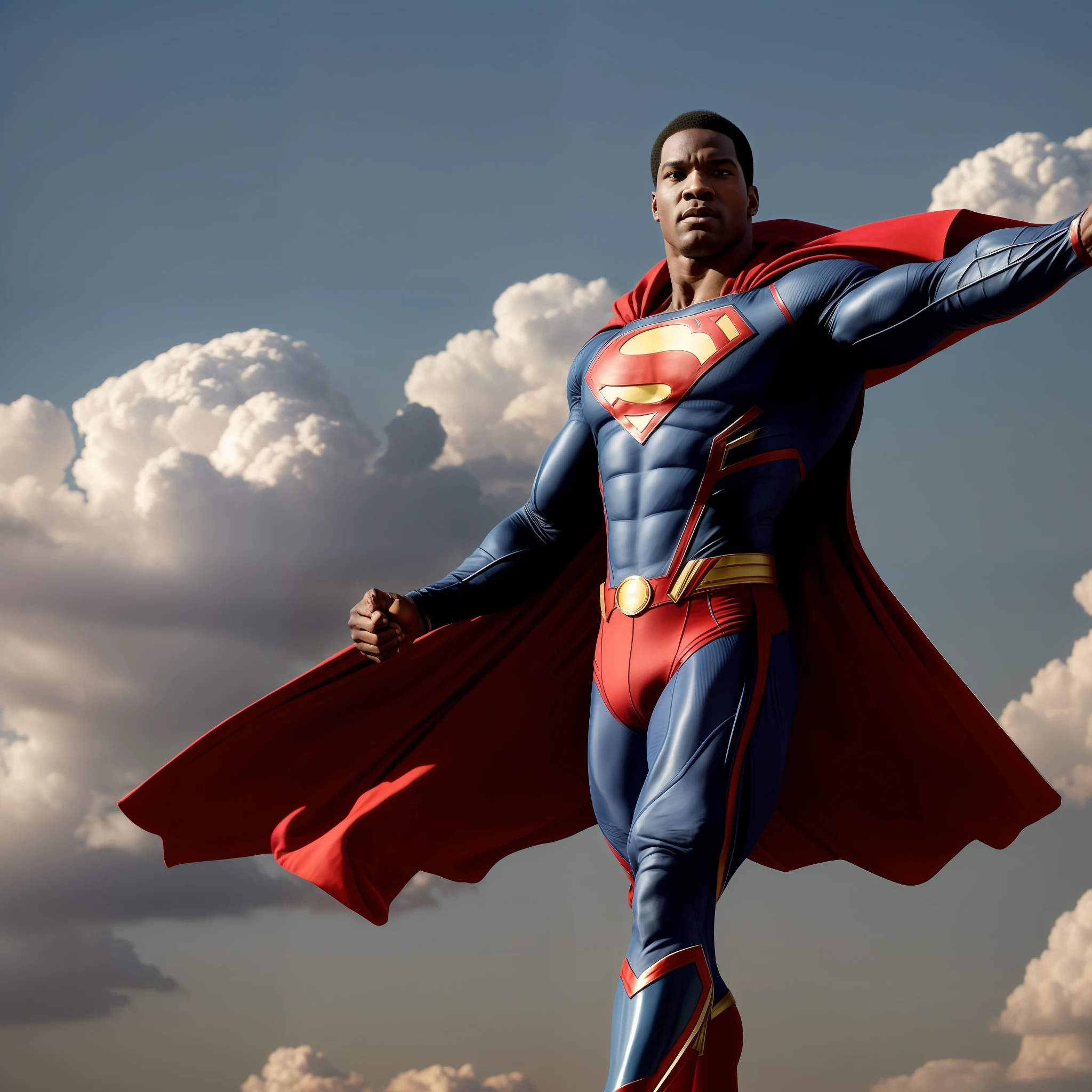 "Describe an image of a black Superman flying through the skies, with his iconic blue and red costume. Ele tem uma estrutura muscular imponente e um olhar determinado em seu rosto. Her black hair is combed back and a red cape flutters in the wind. He stretches his arms forward, enquanto raios de sol se refletem em seu peito, revelando o famoso emblema do 'S'. Ao fundo, Tall buildings and white clouds complete the scene, conveying the sense of power and heroism."