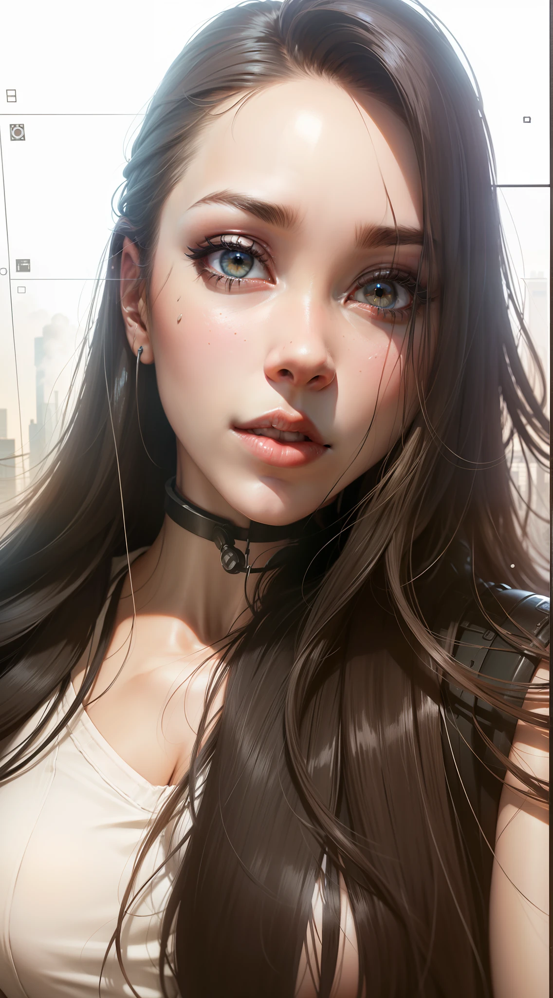 Dystopian, [sci-fi], High Detail RAW color Photo, Full Shot, rear angle, of (cute female arterial intelligence, wearing see-through white chemise), outdoors, standing, on overlook, looking out at sprawling cyberpunk city skyline), toned physique, large ass, (pale skin), perfect face, seductive look, (cybernetic implants:1.2), (augmentations), (cyborg:1.1), (detailed skin, diffused skin pores), silicone, metal, (highly detailed, fine details, intricate), (lens flare:0.5), (bloom:0.5), smog, dust, (badlands:0.8), (observitory:0.7), raytracing, specular lighting, shallow depth of field, photographed on a Sony Alpha 1, EF 85mm lens, f/2.8, hard focus, smooth, cinematic film still, [Cyberpunk:Orwelian:12]