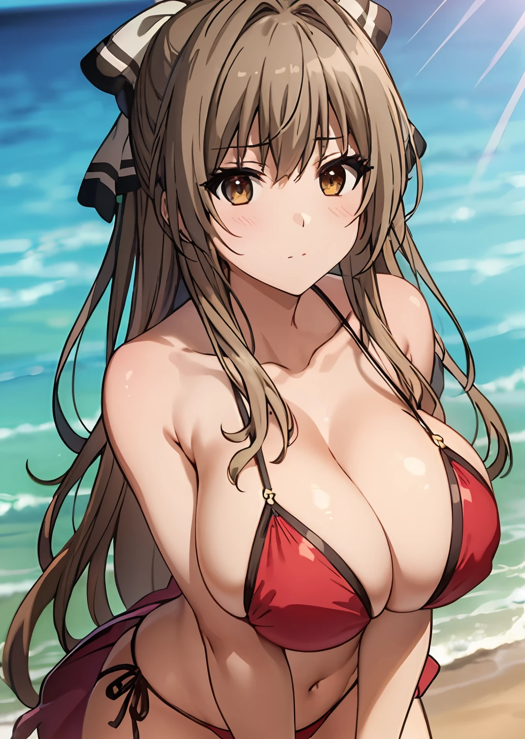 SeaArtBot Txt2Img 02:20:39 Task ID：44014568726597 Masterpiece、beste Quality、Sento Isuzu、Sento Isuzu、Hair ribbon、brown eyess、Antenna Hair、Giant tits、in 8K, beste Quality, ultra-highres, Depth Field, straight-on shot , from miiddle , 1girls, , perfect glossy skin, flawless skin, Fair skin, gigantic breastss, cleavage breasts, Narrow waist, thin blush,Wearing a pink micro bikini and hoodie、（High-leg string、Low leg string、 looking at the viewers, Light Smile,sweats、(Gravure Pose:1.1）、the beach、Blur background、appeal、a beautifu、KyoAni、Kyoani style、A sexy、cowboy-shots、