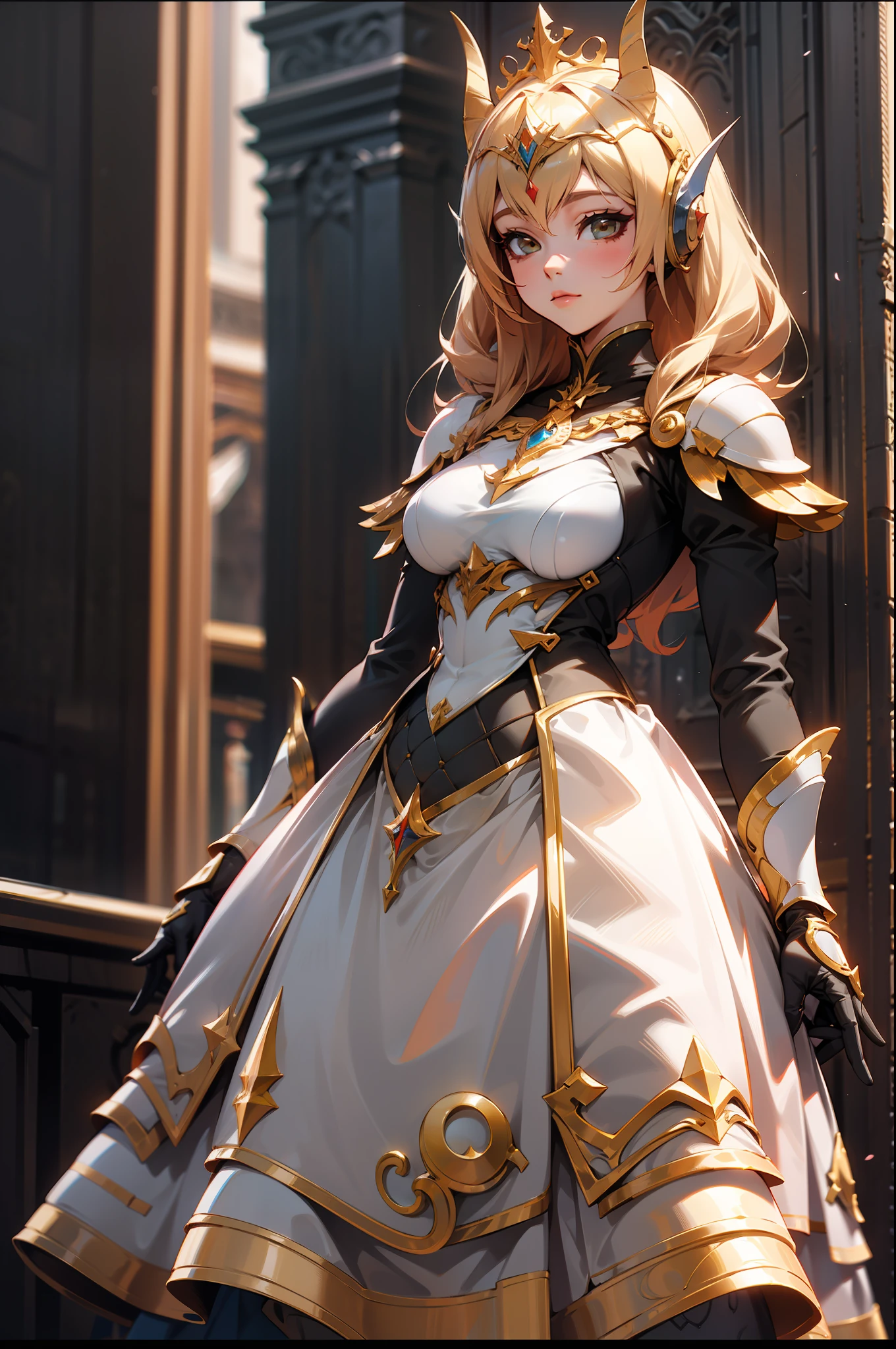 Princesa Peach usando uma armadura vestido rosa e dourada, elmo dourado, coroa, masterpiece, linda