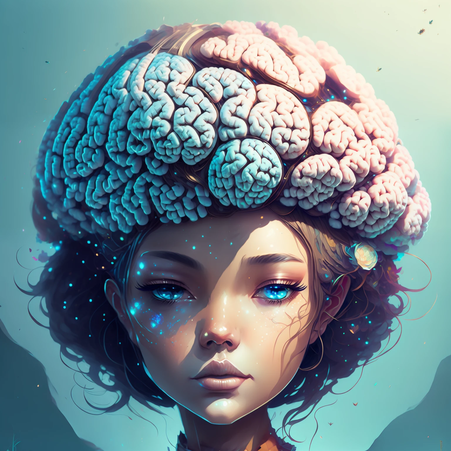 there is a woman with a brain hat on her head, stunning digital illustration, Retrato CGSetivity, Directed by: Russell Dongjun Lu, arte de anime digital detalhada, arte conceitual emocional, mind character, anime estilizado, Directed by: Yanjun Cheng, arte digital detalhada bonito, Beeple e Jeremias Ketner, Arte no estilo de Guweiz, bela arte digital