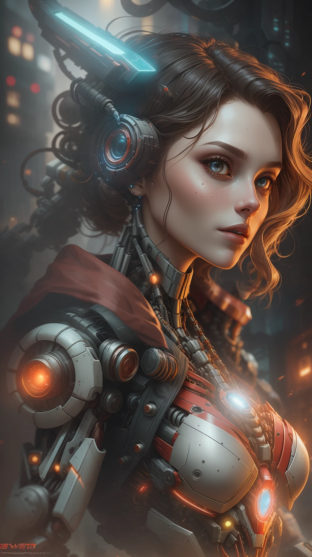 Scarlet Witch from Marvel photography, biomechanical, complex robot, full growth, hyper-realistic, insane small details, extremely clean lines, cyberpunk aesthetic, a masterpiece presented at Zbrush Central