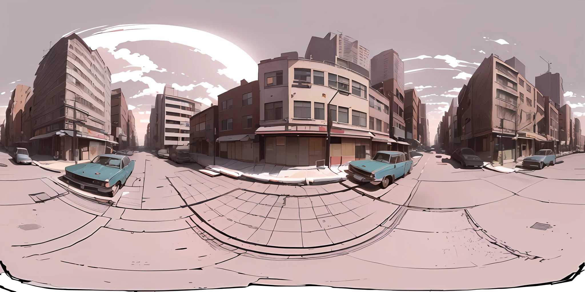 red skies, there is a picture of a city street with a car in the middle, 3 6 0 render panorama, perspectiva da rua, gta iv estilo de arte, panoramic anamorphic, gta chinatown estilo de arte, Arruamento fotorrealista, tiro largo, (Akira 1988) 8K altamente detalhado, 3 6 0 imagem, tiro largo detalhado, 360 monoscopic equirectangular