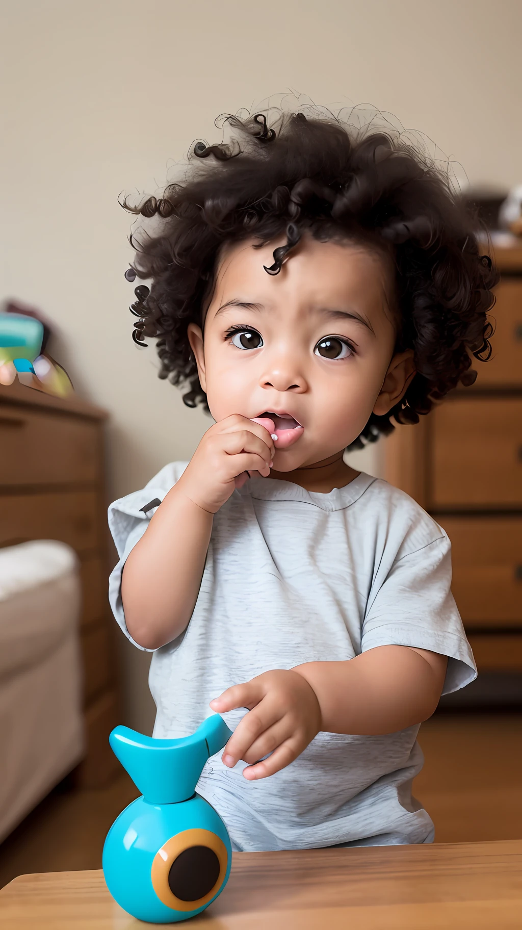 Photo of a 1-year-old black baby with curly hair holding a toy --auto
