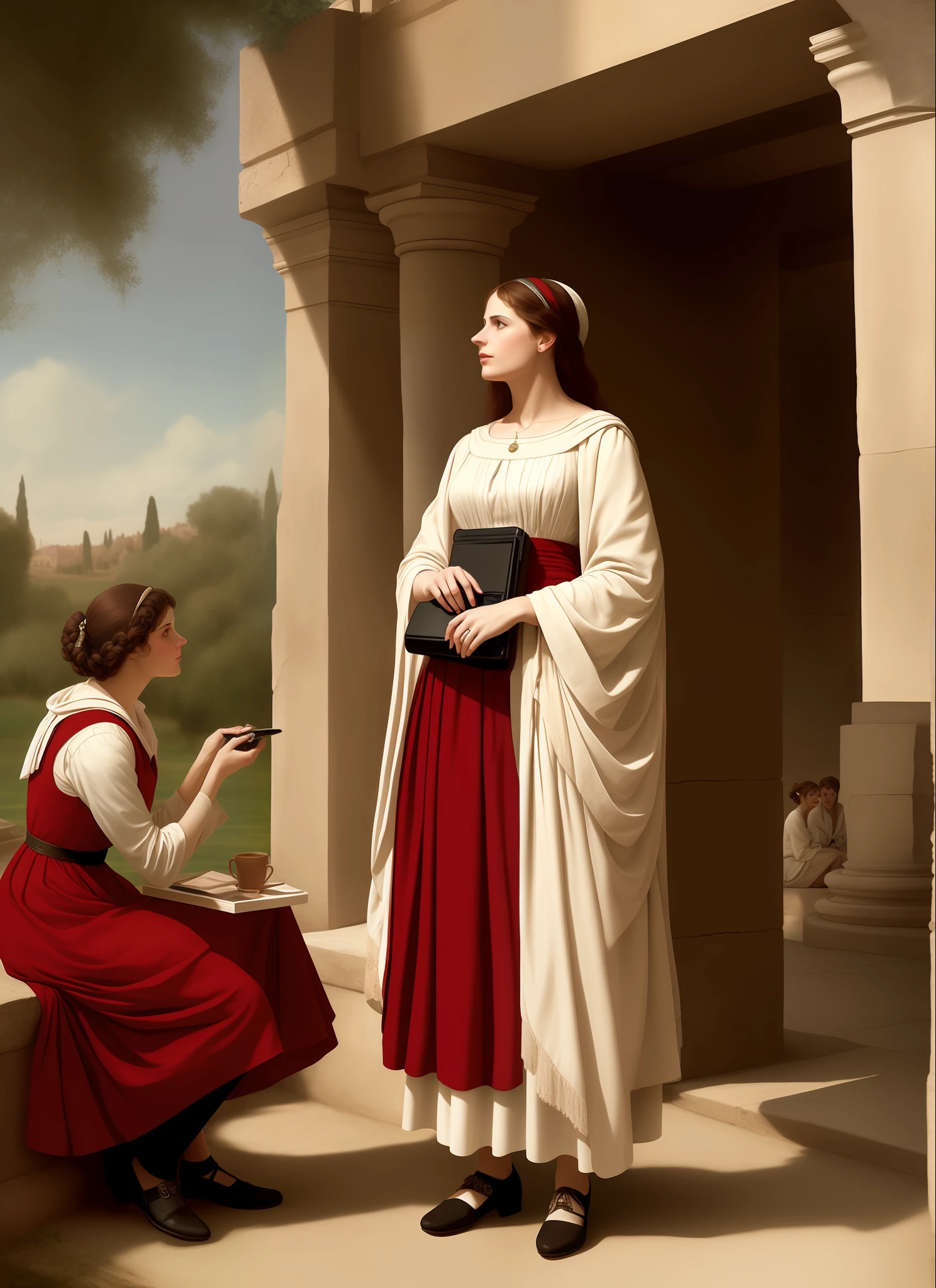 Woman with long hair down to her feet
woman engaged in lively conversation, immersed in the atmosphere of the ancient Greek past, show the faces from another angle. captured in an artistic style similar to that of Alma Tadema. The image, while a realistic visual representation, avoids showing any reference to modern technology. Instead, the scene is portrayed as if it were a classic.
without the presence of the Canon EOS 5D Mark IV camera used to