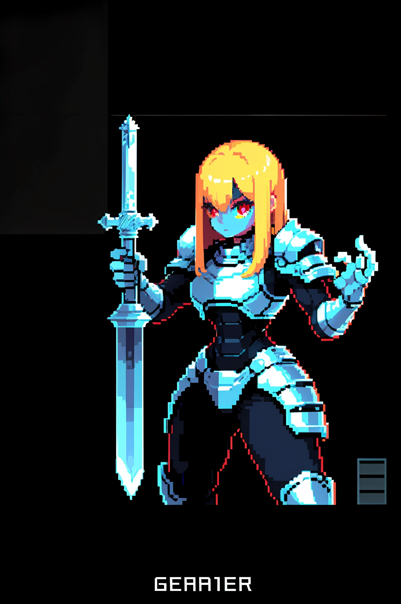 (The Masterpiece, maximum quality, Brilliant detail), pixel, pixel warrior, black armor, glowing red eye, with sword in hands