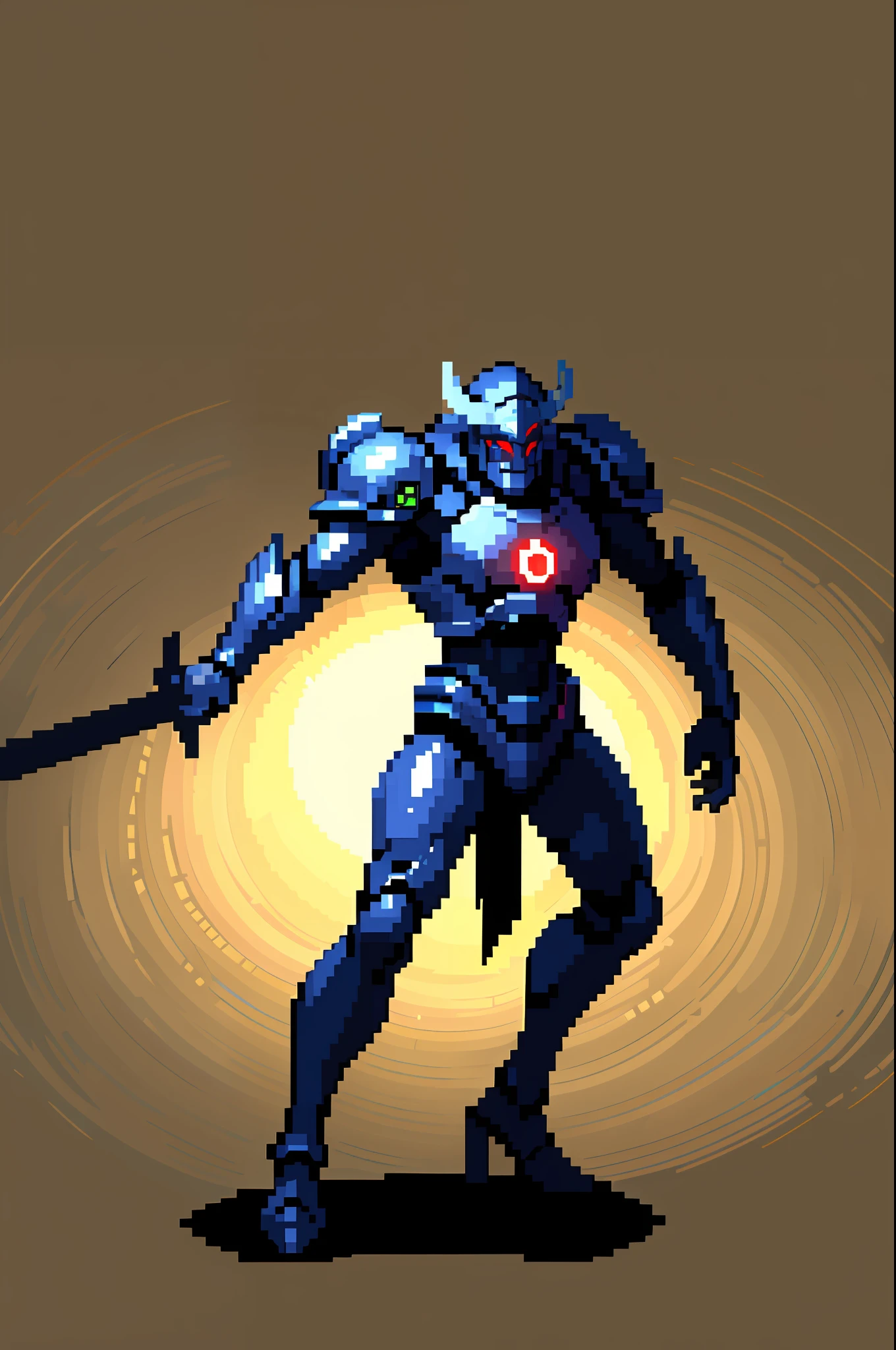 (The Masterpiece, maximum quality, Brilliant detail), pixel, pixel warrior, black armor, glowing red eye, with sword in hands