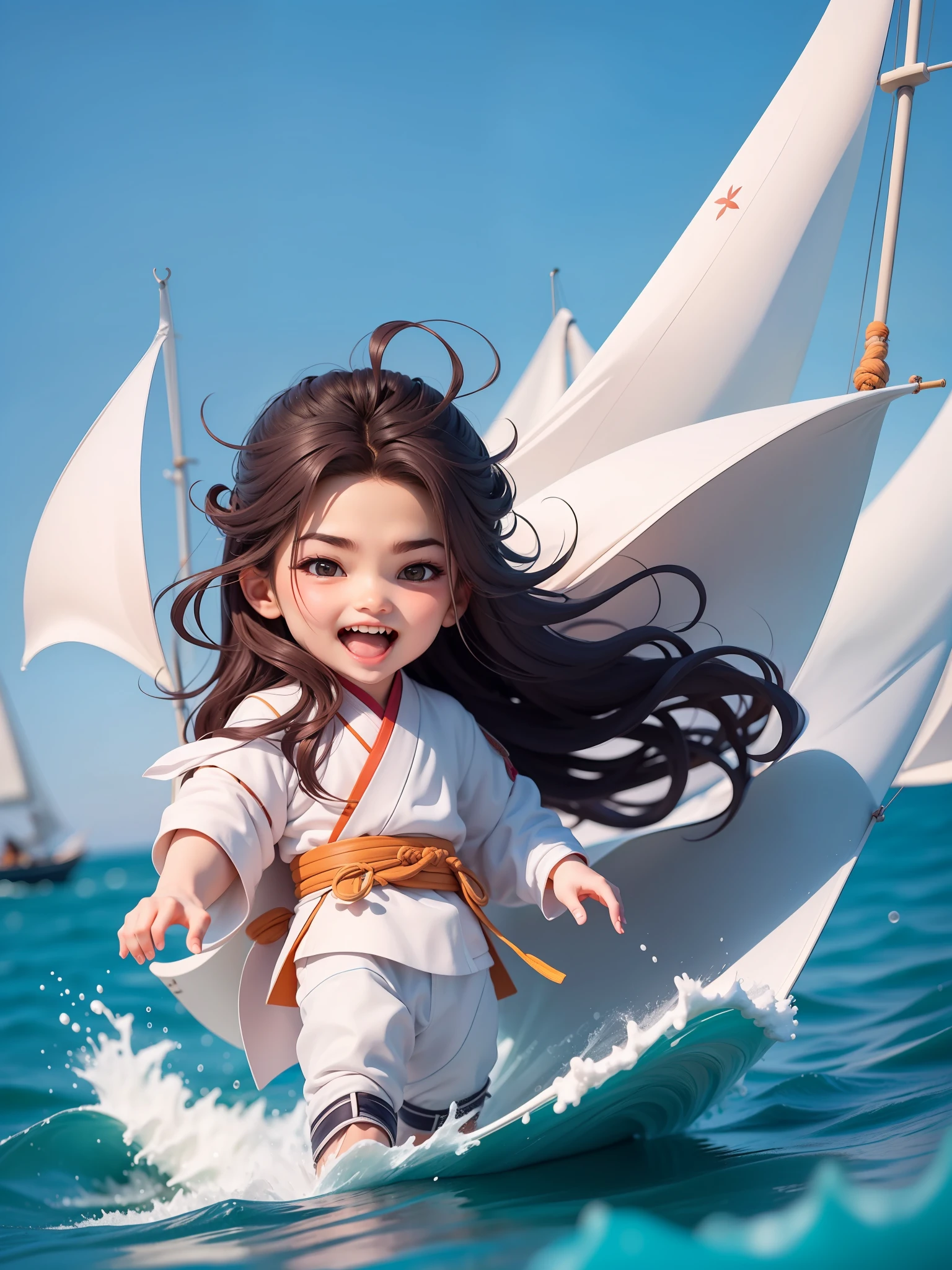 1boys:1.3,A twenty-year-old muscular man surfs on a sailboat at sea,sailing ship:1.3,Blue sea:1.3,black long hair,White clothes fluttering,Hanfu,Open your mouth and laugh,Full body,chibi