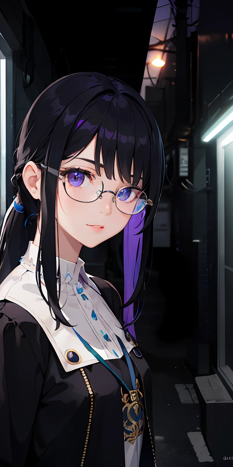 ((masterpiece)), kafka hsr, 1girl, solo, long_hair, breasts, looking_at_viewer, smile, bangs, shirt, gloves, long_sleeves, purple_eyes, jacket, white_shirt, ponytail, purple_hair, parted_lips, white_gloves, sunglasses, eyewear_on_head, smoke, rain masterpiece, best quality, high quality, absurdres, shiny skin, colorful, dynamic pose, stunning art, best quality, hyper detailed, dynamic angle, beatlful detailed, reflective hair, good lighting, ray tracing, depth of field, ultra-detailed, illustration, Amazing, fine detail, extremely detailed, ((ultra-detailed)), (beautiful detailed girl), beautiful detailed glow, intricate detail, highres, an extremely delicate and beautiful, beautiful detailed eyes, realistic, hdr, rounded eyes, detailed facial features, (illustration), (beautiful detailed eyes), ((very detailed face)), depth_of_field, eyebrows_visible_through_hair, frills, looking_at_viewer, outdoors, (upper body:1.4), clothes reflecting light, (light diffraction on skin: 1.35), (glossy skin: 1.55), (Iridescence Effect: 1.55), (alleyway, night, neon lights, dimly lit, sign:1.5), critical angle, thick thighs,