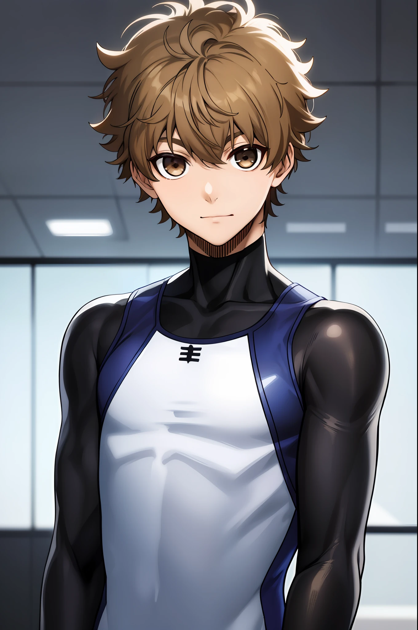 masterpiece, best quality, high quality, 1boy, solo, male focus, looking at viewer, upper body, naruhaya_asahi, brown_hair, bodysuit