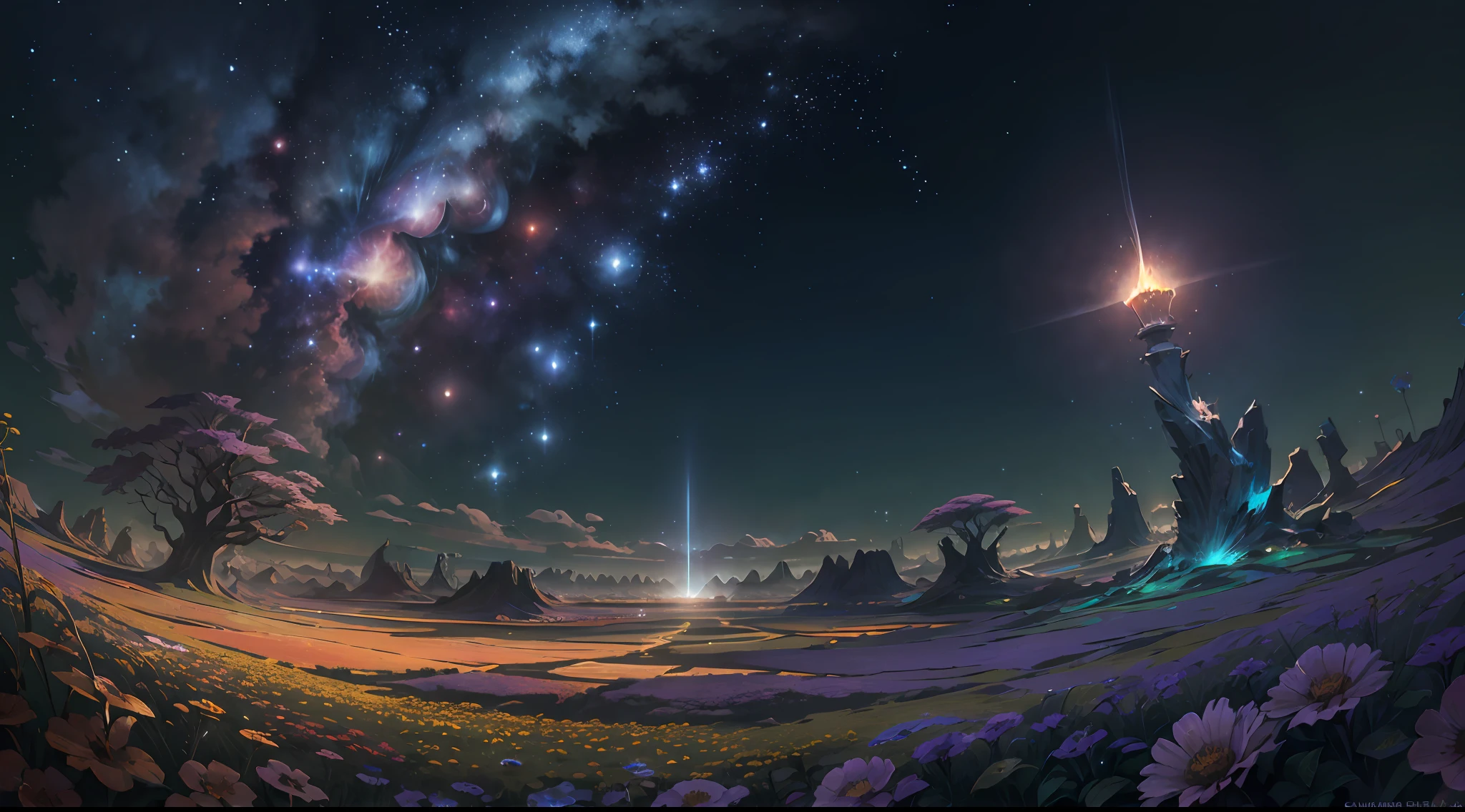 fotografia de paisagem expansiva, (a view from below that shows the sky above and the open field below), uma garota parada em um campo de flores olhando para cima, (lua cheia: 1.2), (estrelas cadentes: 0.9), (nebulosa: 1.3), montanha distante , BREAK tree production art, (fonte de luz quente: 1.2), (Firefly: 1.2), lamp, muito roxo e laranja, detalhes complexos, BREAK volumetric lighting (obra-prima: 1.2), (melhor qualidade), 4k, ultradetalhado , (dynamic compositing: 1.4), detalhes coloridos altamente detalhados (cores iridescentes: 1.2), (Glow lighting, Atmospheric Illumination), sonhador, magica, (solo: 1.2) melhor qualidade, 8k