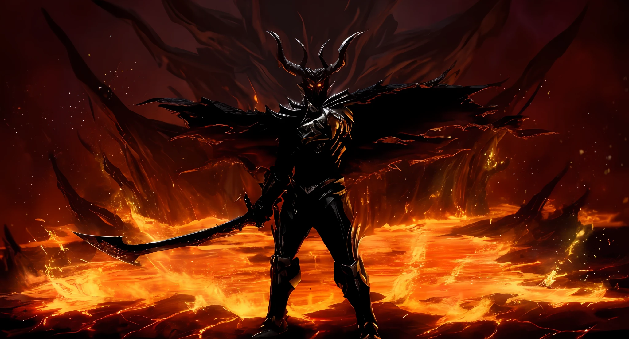 Demonic man with a sword, standing in front of the fire, the dark lord sauron, lord of cinder, hellfire background, ruler of inferno, dark soul concept, muscled humanoid balrog demon, black fire color reflected armor, minion as a darksouls boss, satan in hell, demon hero, hell background, fire demon, demon lord, demon armor