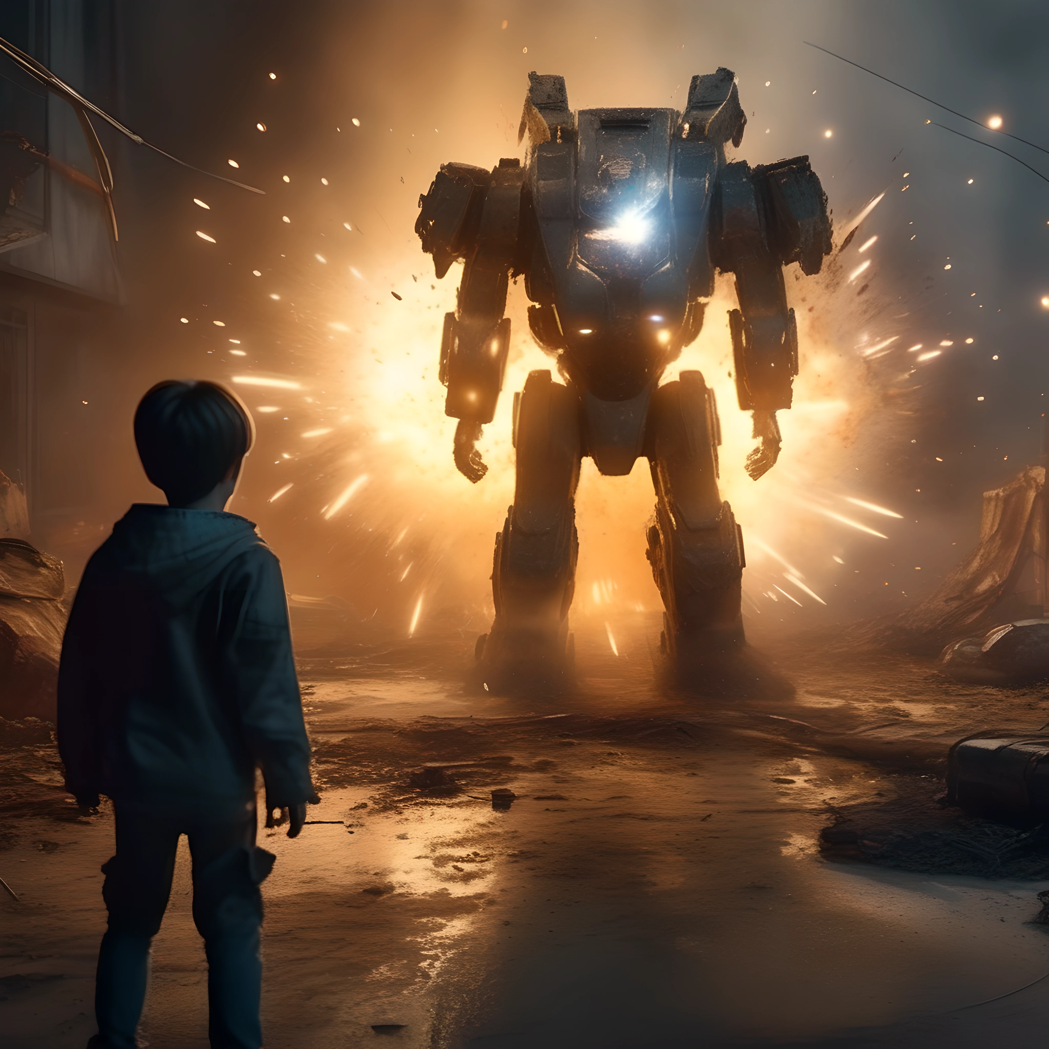 Hyper-realistic,Cinematic texture,Face away from the light source,Depicts scenes from the battlefield of the future,A fighter mech protects a young boy in an explosion,Motion blurred,Explosion in the background,firelight,super-detail,Wear and tear,metallic reflective