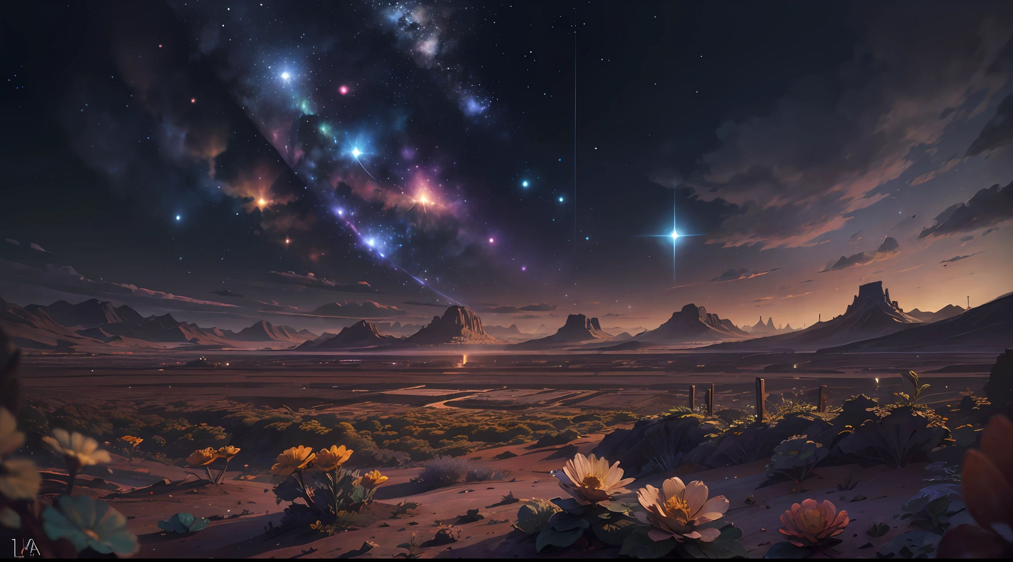 fotografia de paisagem expansiva, (a view from below that shows the sky above and the open field below), uma garota parada em um campo de flores olhando para cima, (lua cheia: 1.2), (estrelas cadentes: 0.9), (nebulosa: 1.3), montanha distante , BREAK tree production art, (fonte de luz quente: 1.2), (Firefly: 1.2), lamp, muito roxo e laranja, detalhes complexos, BREAK volumetric lighting (obra-prima: 1.2), (melhor qualidade), 4k, ultradetalhado , (dynamic compositing: 1.4), detalhes coloridos altamente detalhados (cores iridescentes: 1.2), (Glow lighting, Atmospheric Illumination), sonhador, magica, (solo: 1.2) melhor qualidade, 8k