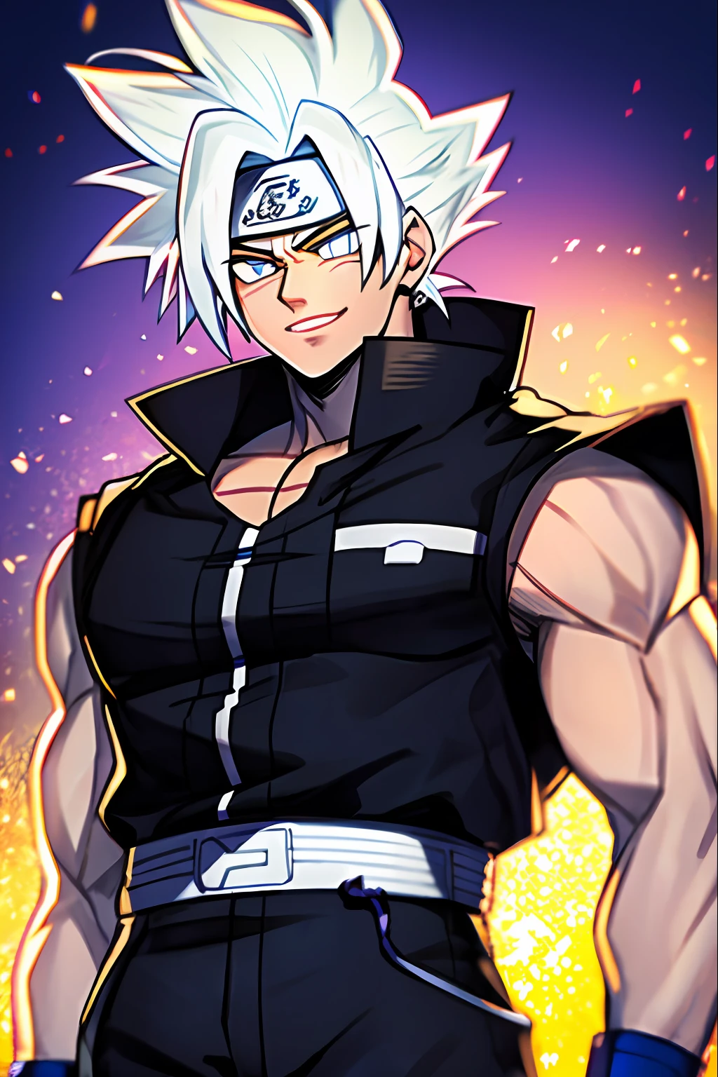 utakata, naruto, 1boy, retroiluminação, olhos negros, cabelo preto, pulseira azul, boca fechada, dougi, mecha de cabelo, particles light, olhando para o espectador, foco masculino, musculoso, homem musculoso, peitorais, sorrir, solo, cabelo liso , parte superior do corpo, pulseira, ((obra-prima))