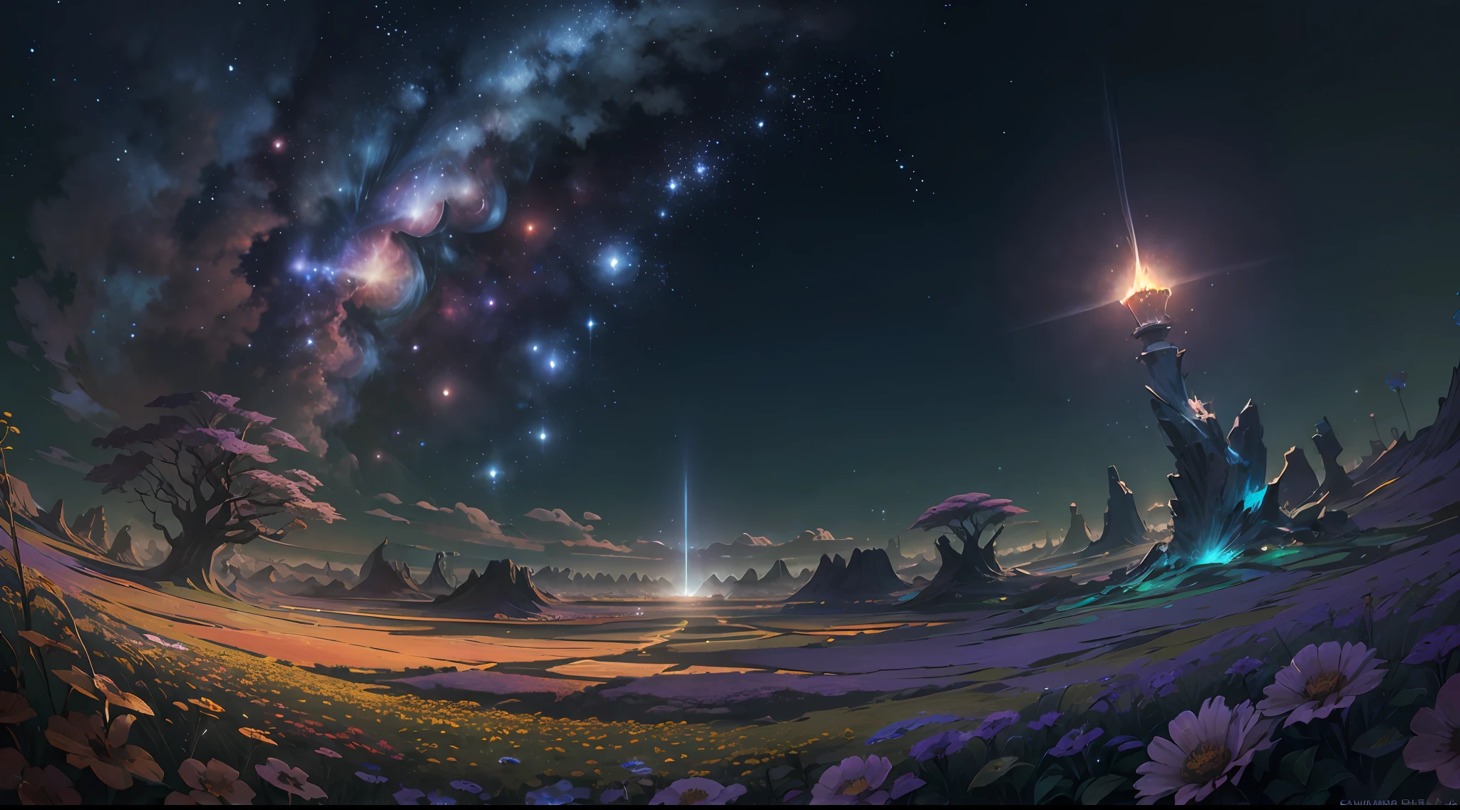 fotografia de paisagem expansiva, (a view from below that shows the sky above and the open field below), uma garota parada em um campo de flores olhando para cima, (lua cheia: 1.2), (estrelas cadentes: 0.9), (nebulosa: 1.3), montanha distante , BREAK tree production art, (fonte de luz quente: 1.2), (Firefly: 1.2), lamp, muito roxo e laranja, detalhes complexos, BREAK volumetric lighting (obra-prima: 1.2), (melhor qualidade), 4k, ultradetalhado , (dynamic compositing: 1.4), detalhes coloridos altamente detalhados (cores iridescentes: 1.2), (Glow lighting, Atmospheric Illumination), sonhador, magica, (solo: 1.2) melhor qualidade, 8k