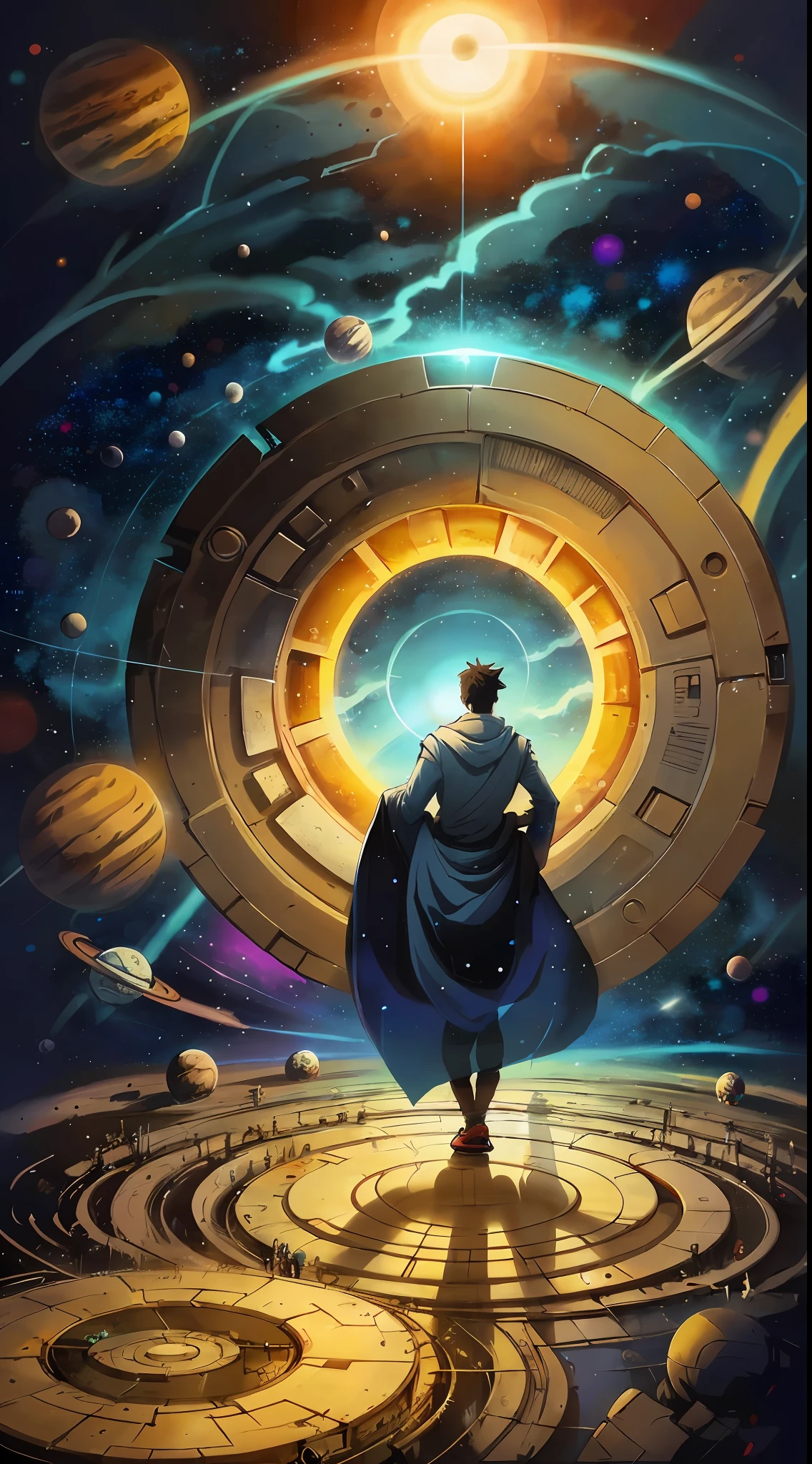 a man standing in front of a space portal with a view of the sun, cyril rolando and goro fujita, portal to another universe, inspired by Cyril Rolando, portal to another dimension, world seen only through a portal, high quality fantasy stock photo, portal to another world, portal to outer space, in style of cyril rolando, looking out into space