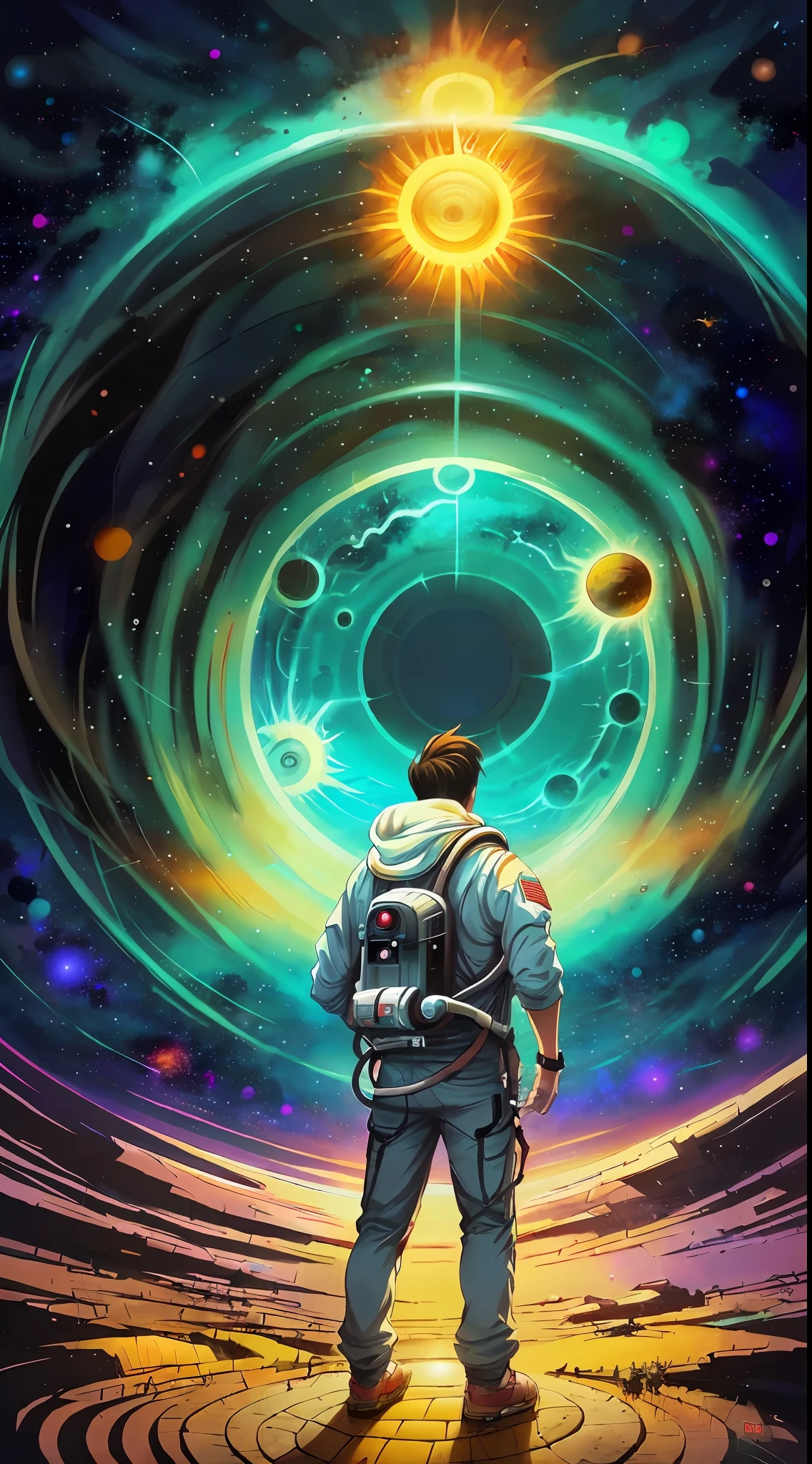 a man standing in front of a space portal with a view of the sun, cyril rolando and goro fujita, portal to another universe, inspired by Cyril Rolando, portal to another dimension, world seen only through a portal, high quality fantasy stock photo, portal to another world, portal to outer space, in style of cyril rolando, looking out into space