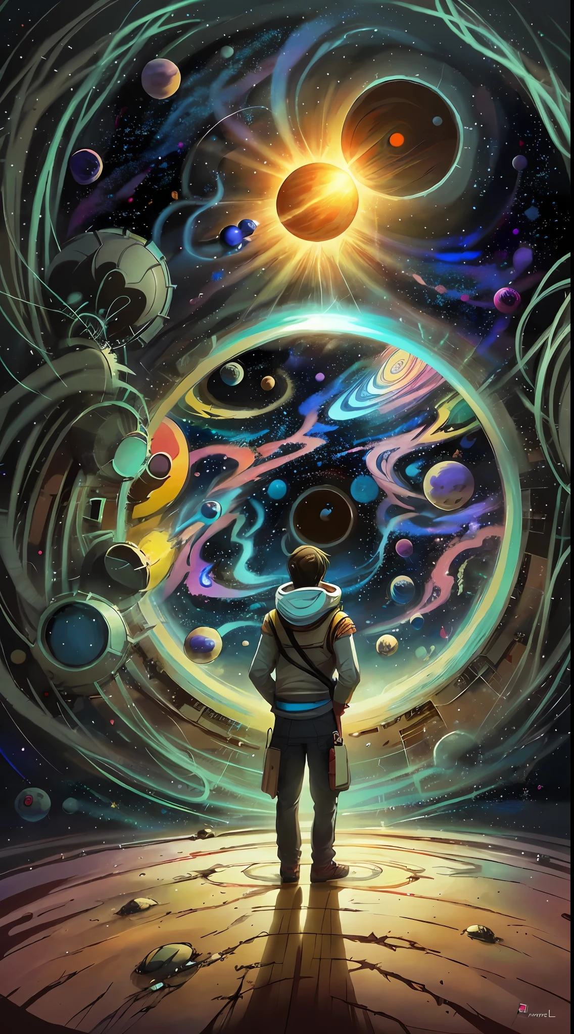 person, standing in front of a space portal overlooking the sun, Cyril Rolando and Goro Fujita, A portal to another universe, inspired by Cyril Rolando, Portal to another dimension, world, visible only through the portal, high quality fantasy stock photo, Portal to another world, Portal to outer space, in the style of Cyril Rolando,  Looking into space, universe, Magical Galactic Portal, The Cycle of the Stars, God