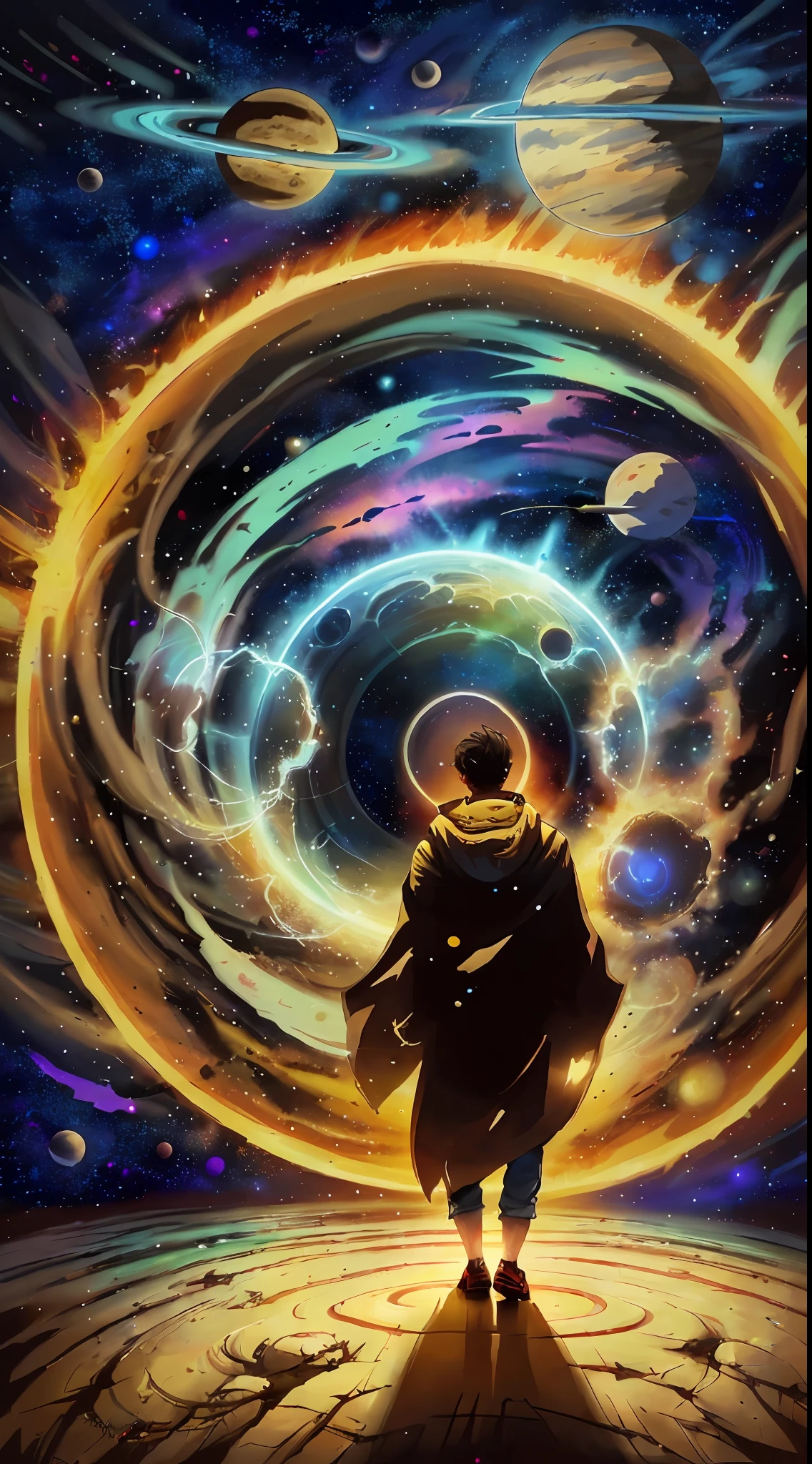 person, standing in front of a space portal overlooking the sun, Cyril Rolando and Goro Fujita, A portal to another universe, inspired by Cyril Rolando, Portal to another dimension, world, visible only through the portal, high quality fantasy stock photo, Portal to another world, Portal to outer space, in the style of Cyril Rolando,  Looking into space, universe, Magical Galactic Portal, The Cycle of the Stars, God