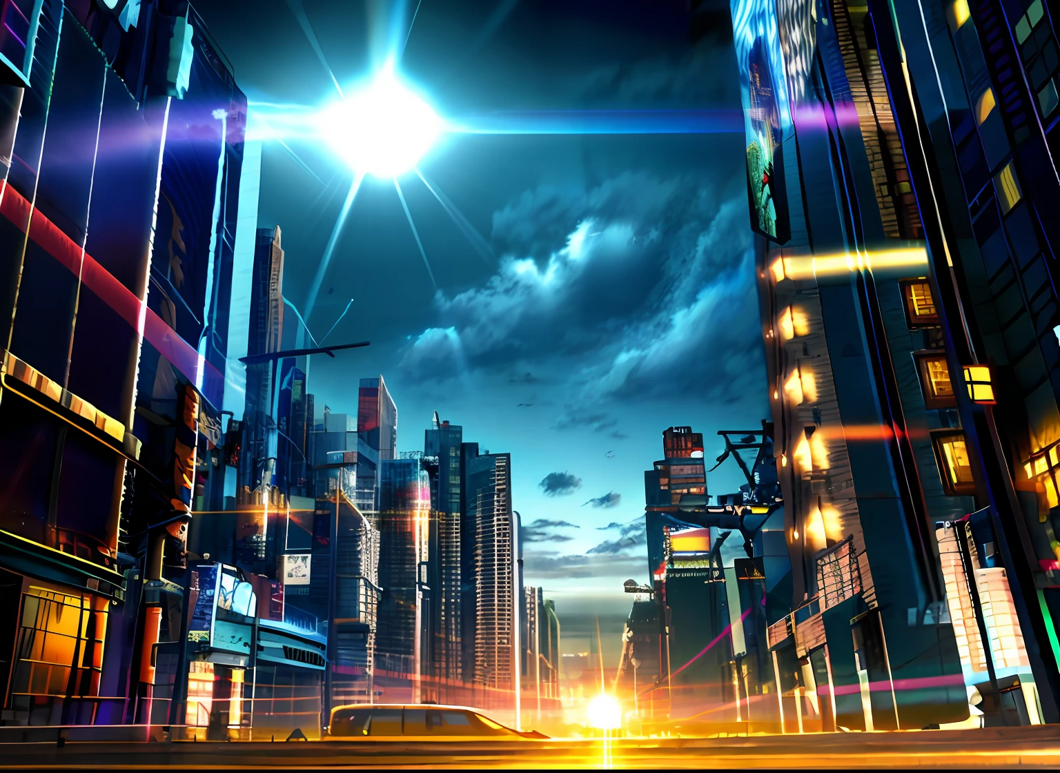 The Masterpiece，best possible quality，officlal art，extremely detailed CG Unity 8k wallpapers））），（（独奏），（（cross））），（night），（sun set），（（darkness）），colourised，optical_illusion，Caustics，lense flare，bokeh，（（blooms）），incredibly_absurdres，Wallpapers，（townscape），（（Cyberpunk-city））），artbook，science_fiction，[realistically]，scenecy/scenecy，Broken ground，cloudy skies