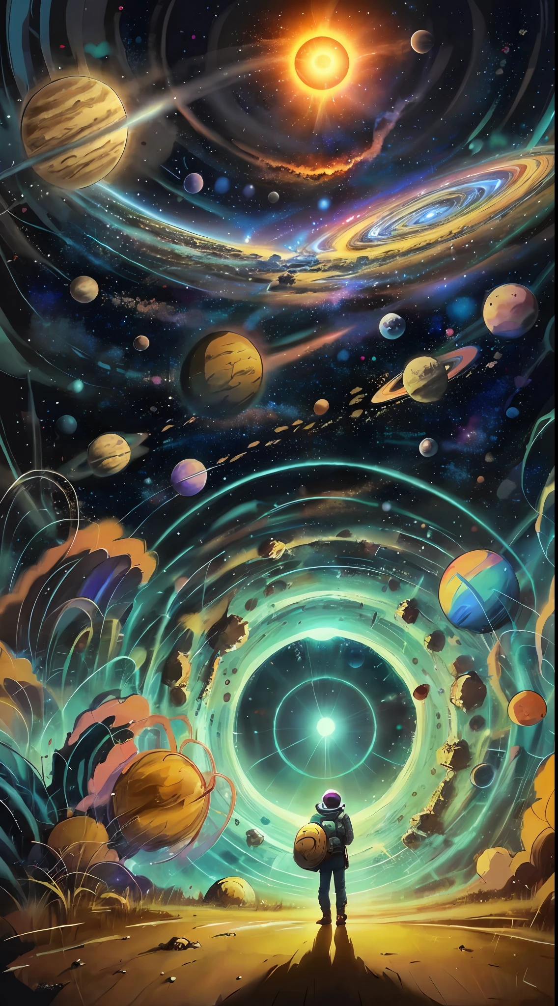 person, standing in front of a space portal overlooking the sun, Cyril Rolando and Goro Fujita, A portal to another universe, inspired by Cyril Rolando, Portal to another dimension, world, visible only through the portal, high quality fantasy stock photo, Portal to another world, Portal to outer space, in the style of Cyril Rolando,  Looking into space, universe, Magical Galactic Portal, The Cycle of the Stars, God