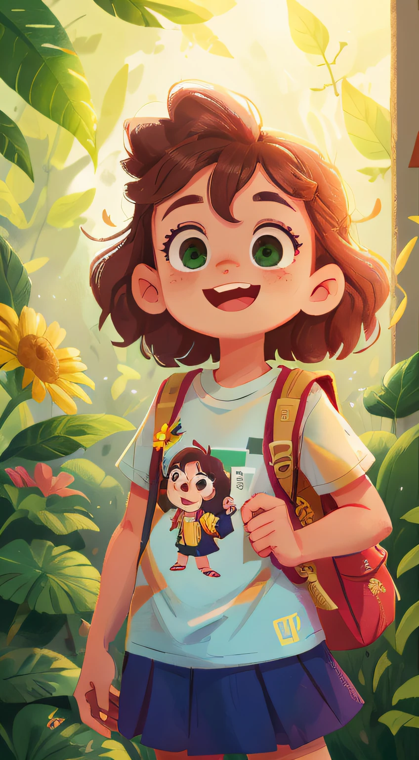 Uma menina autista , indo para escola , wearing white T-shirt with green detail on sleeve with a logo written college, ela tem a pela clara , rosto redondo cerca de 8 anos de idade , the hairs are curled , UP TO THE NECK , tem os olhos grandes , boca bem desenhada e vermelha , bochechas rosadas e sorriso bonito, escola, livro, mochila, feliz, feliz, qualidade perfeita, foco claro (desordem - casa: 0.8), (obra-prima: 1.2) (realista: 1.2) (bokeh) (melhor qualidade) (pele detalhada: 1.3) (detalhes complexos) (8K) (olhos de detalhe) (sharp-focus), (feliz) corpo inteiro, fundo limpo, long-vision composition, 85MM SHOT