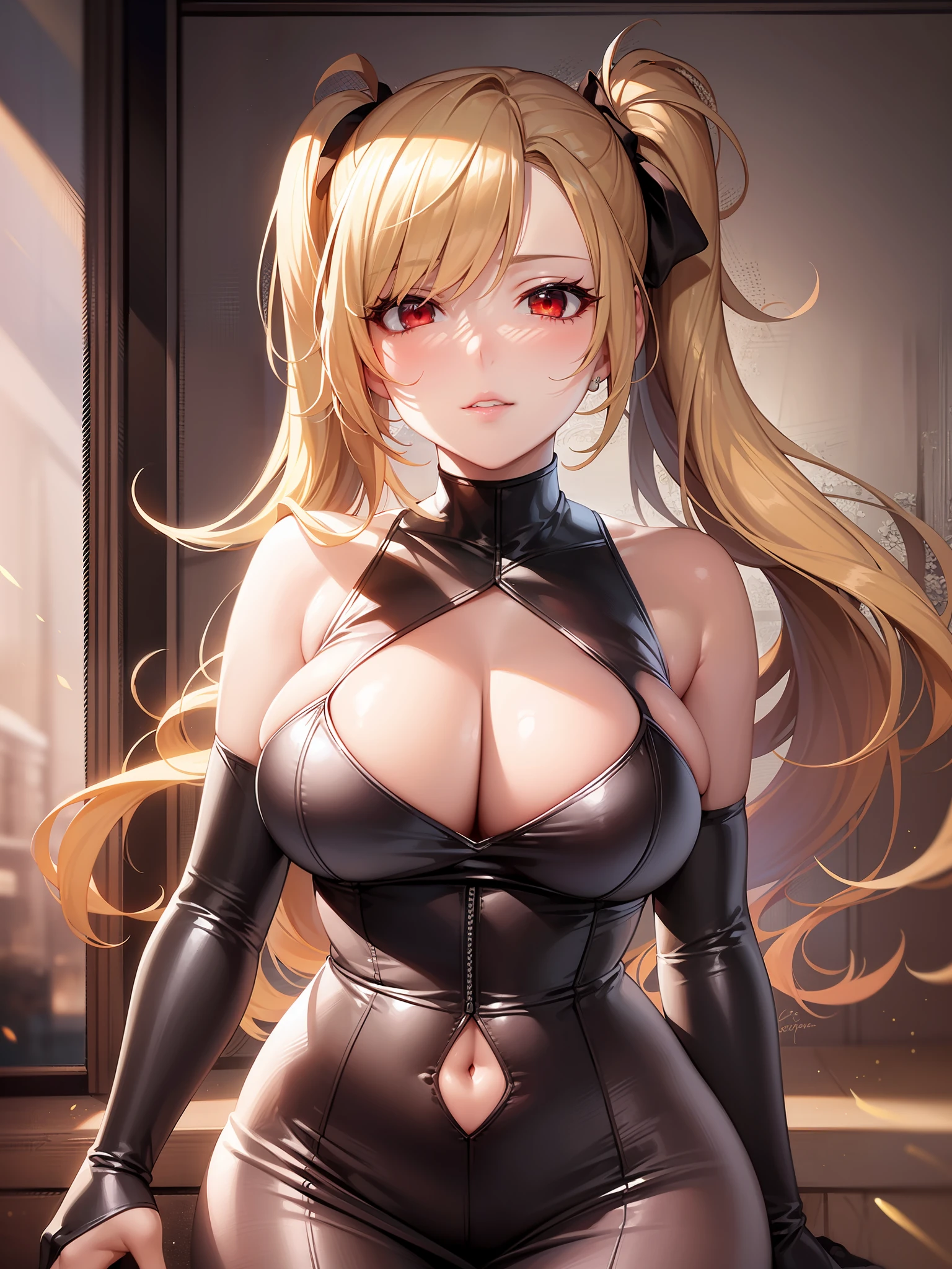 Photo of a girl, long blonde hair, side ponytail, red eyes, beautiful girl, juicy lips, wearing a red slingshot dress, large breasts,low waist sideboob, very revealing cleavage, revealing her thigh, front view, full body picture, looking at the viewer, shy expression, 8k, best quality, highre