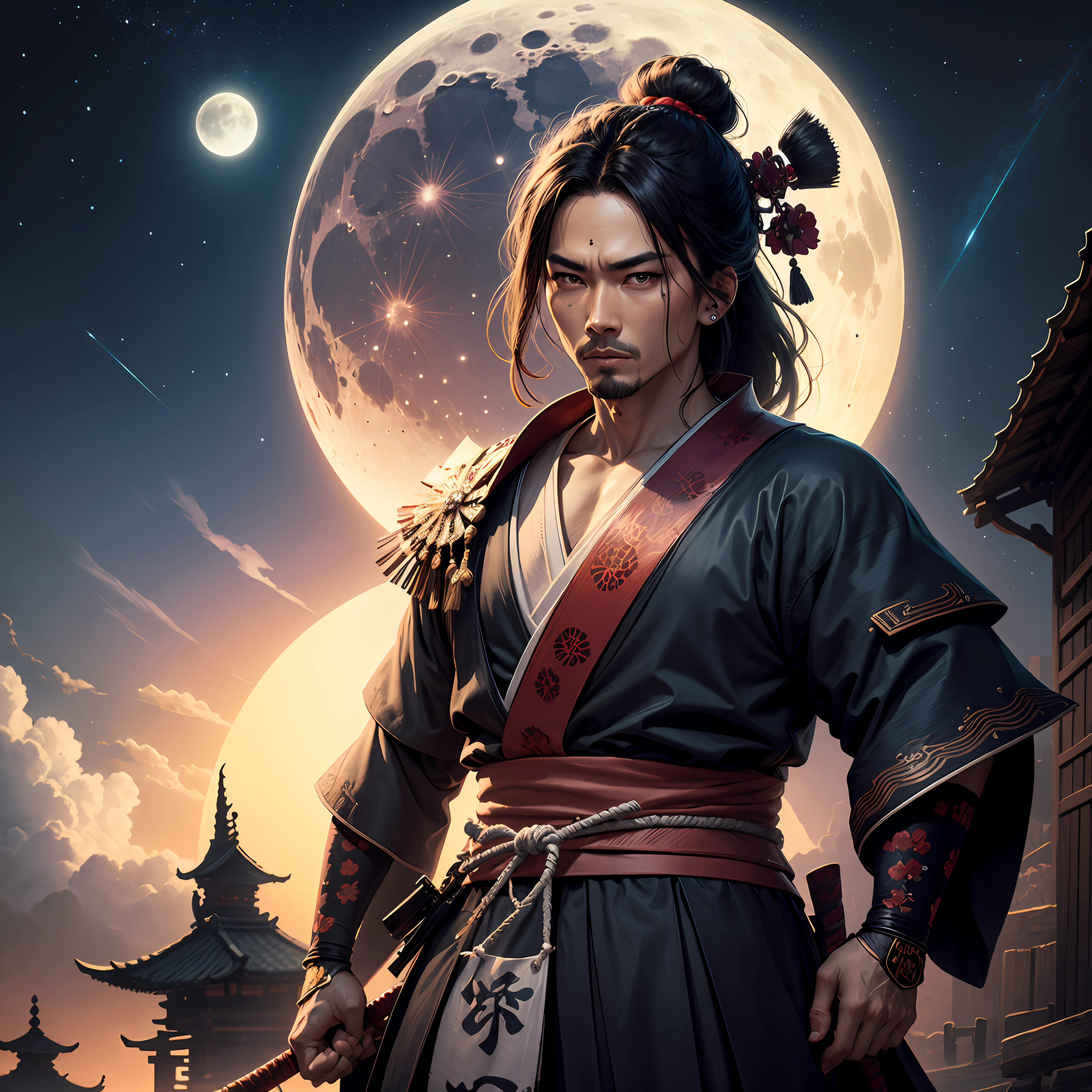 Um samurai, vermelho, Moon behind --auto