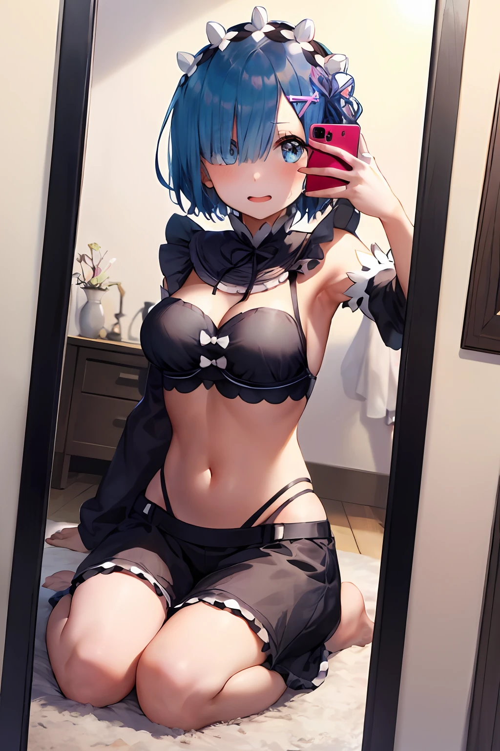 1girls、freedom、highest quallity、A beautiful、A masterpie、blushes、sweats、Tired armpits、full full body、((Selfie in the mirror))、the in living room、phone、Hands after the head、Stomach and foot、Seated、Light blue hair、short hairs、blue eye、Remu(Re:Zero)