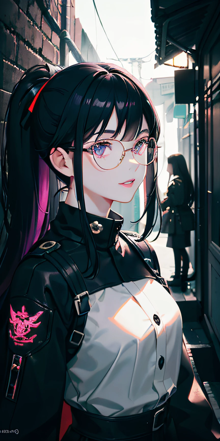 ((masterpiece)), kafka hsr, 1girl, solo, long_hair, breasts, looking_at_viewer, smile, bangs, shirt, gloves, long_sleeves, purple_eyes, jacket, white_shirt, ponytail, purple_hair, parted_lips, white_gloves, sunglasses, eyewear_on_head, smoke, rain masterpiece, best quality, high quality, absurdres, shiny skin, colorful, dynamic pose, stunning art, best quality, hyper detailed, dynamic angle, beatlful detailed, reflective hair, good lighting, ray tracing, depth of field, ultra-detailed, illustration, Amazing, fine detail, extremely detailed, ((ultra-detailed)), (beautiful detailed girl), beautiful detailed glow, intricate detail, highres, an extremely delicate and beautiful, beautiful detailed eyes, realistic, hdr, rounded eyes, detailed facial features, (illustration), (beautiful detailed eyes), ((very detailed face)), depth_of_field, eyebrows_visible_through_hair, frills, looking_at_viewer, outdoors, (upper body:1.4), clothes reflecting light, (light diffraction on skin: 1.35), (glossy skin: 1.55), (Iridescence Effect: 1.55), (alleyway, night, neon lights, dimly lit, sign:1.5), critical angle, thick thighs,