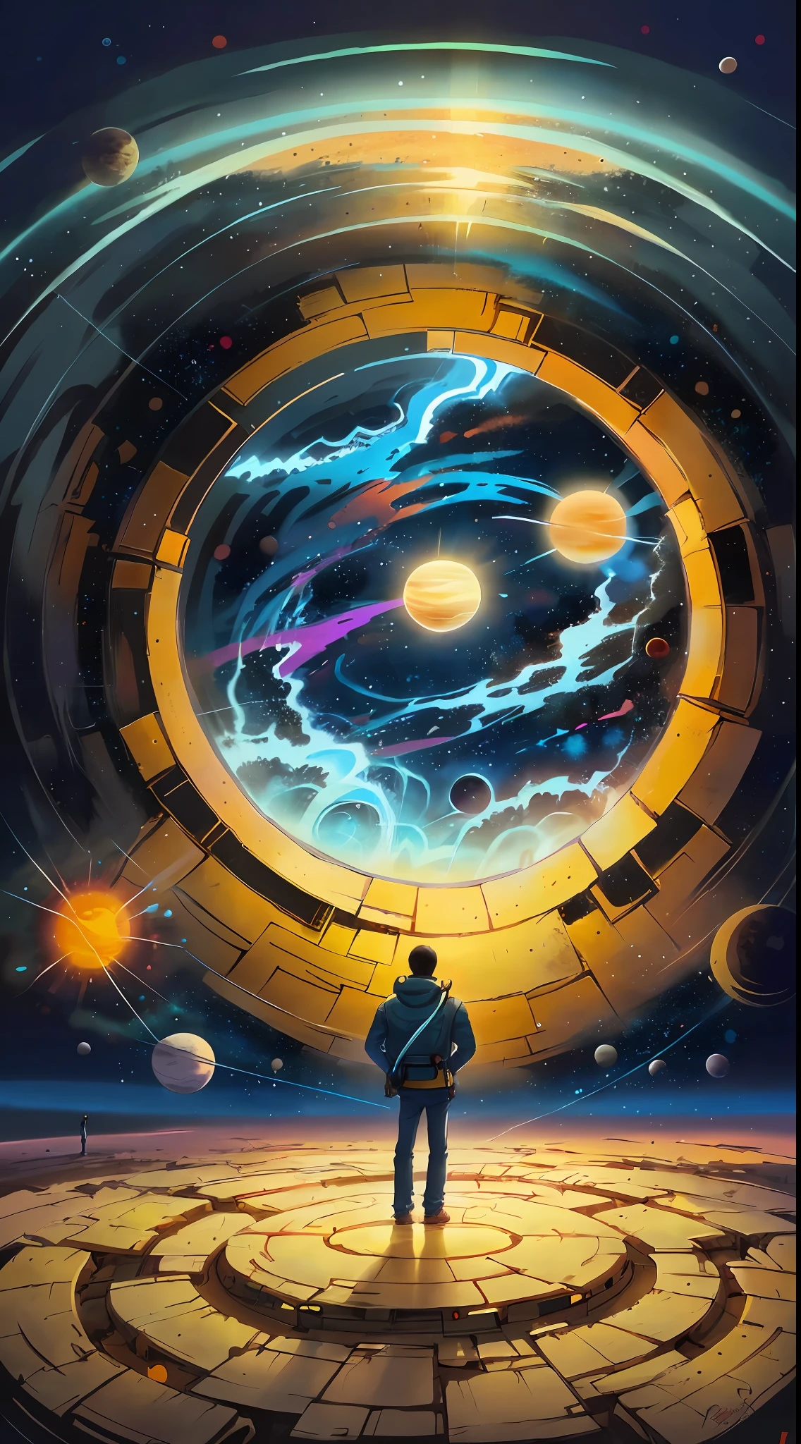 a man standing in front of a space portal with a view of the sun, cyril rolando and goro fujita, portal to another universe, inspired by Cyril Rolando, portal to another dimension, world seen only through a portal, high quality fantasy stock photo, portal to another world, portal to outer space, in style of cyril rolando, looking out into space