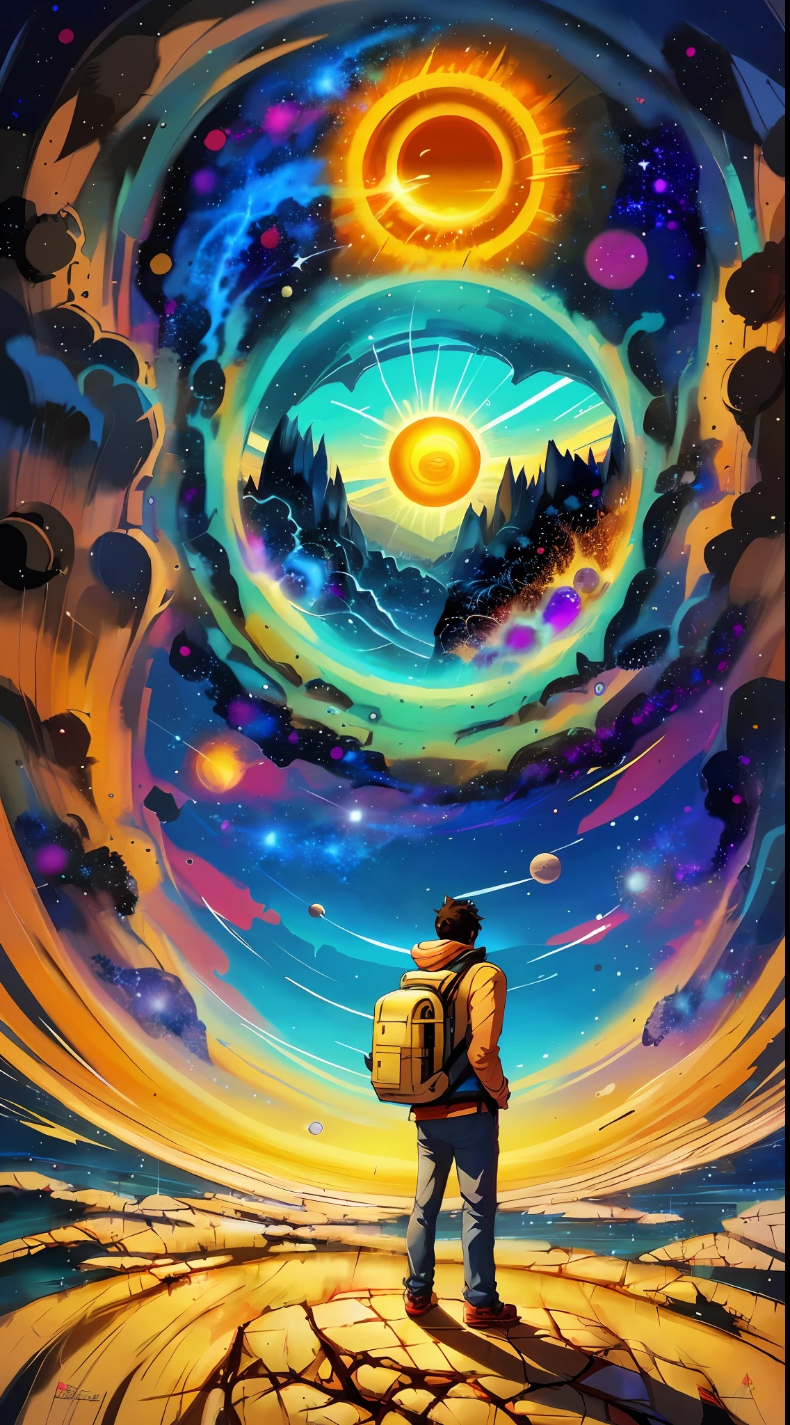 a man standing in front of a space portal with a view of the sun, cyril rolando and goro fujita, portal to another universe, inspired by Cyril Rolando, portal to another dimension, world seen only through a portal, high quality fantasy stock photo, portal to another world, portal to outer space, in style of cyril rolando, looking out into space