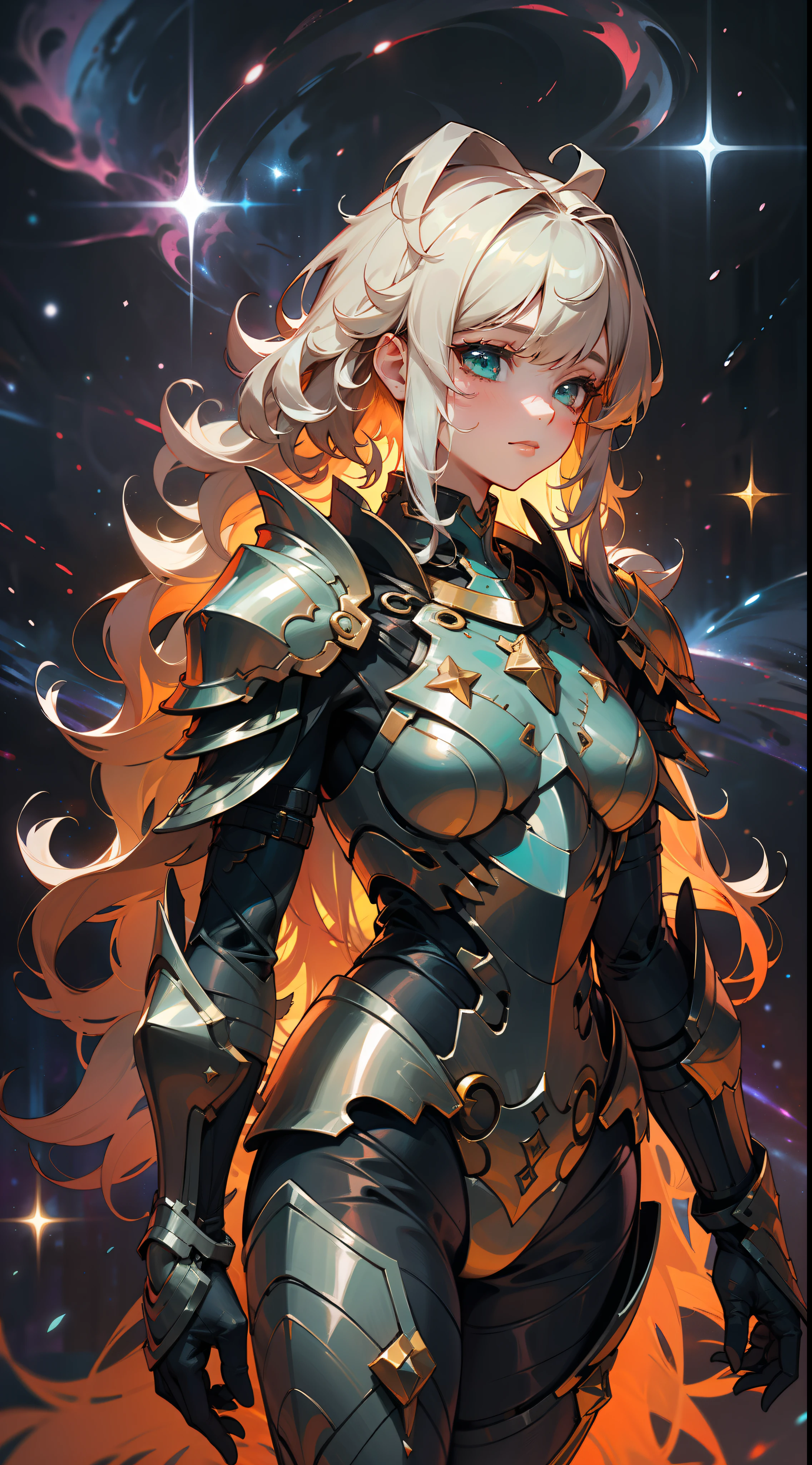 a woman, curly colored long hair, dark fantasy, teal armor, standing, cosmic nebula background, stars, galaxies