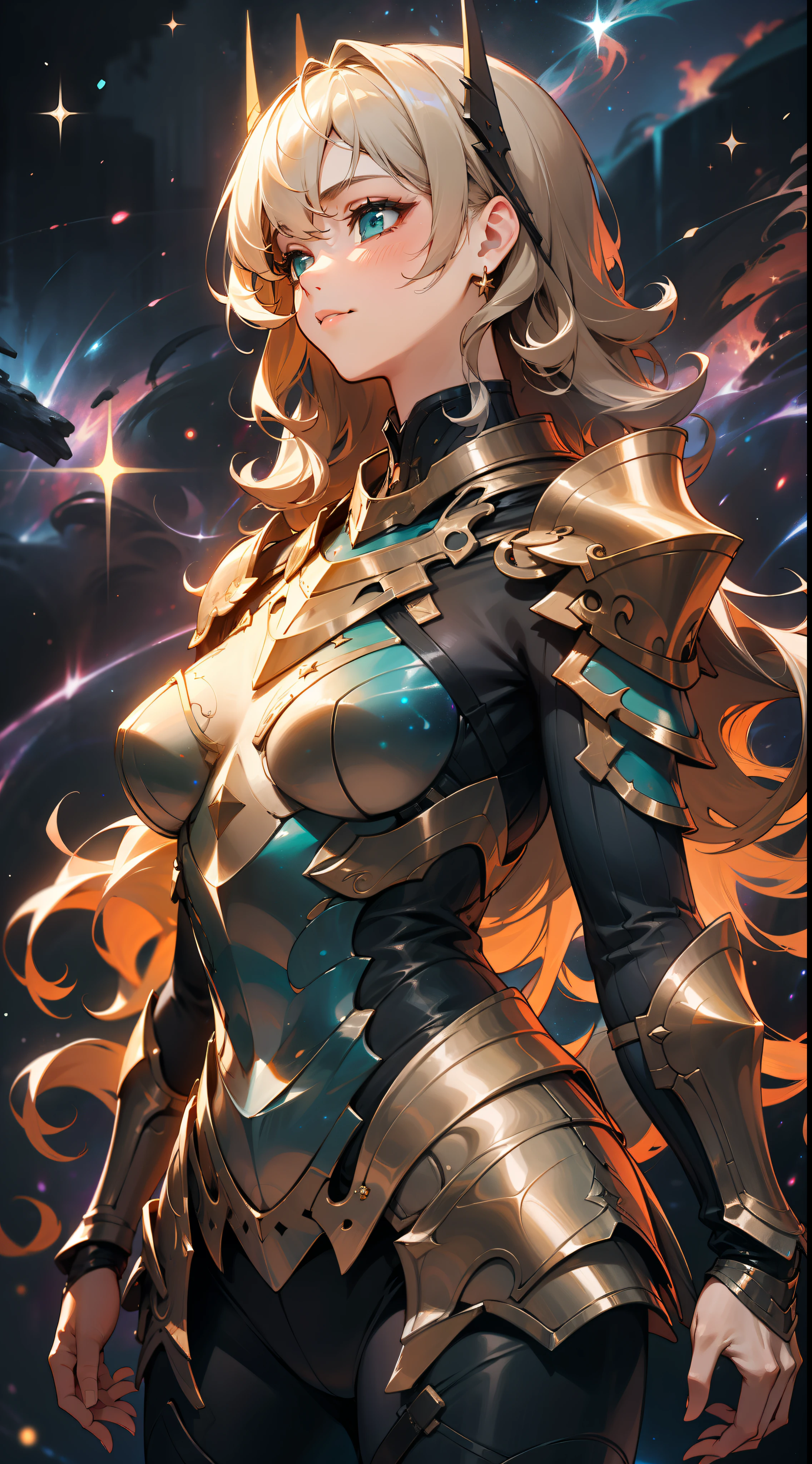 a woman, curly colored long hair, dark fantasy, teal armor, standing, cosmic nebula background, stars, galaxies