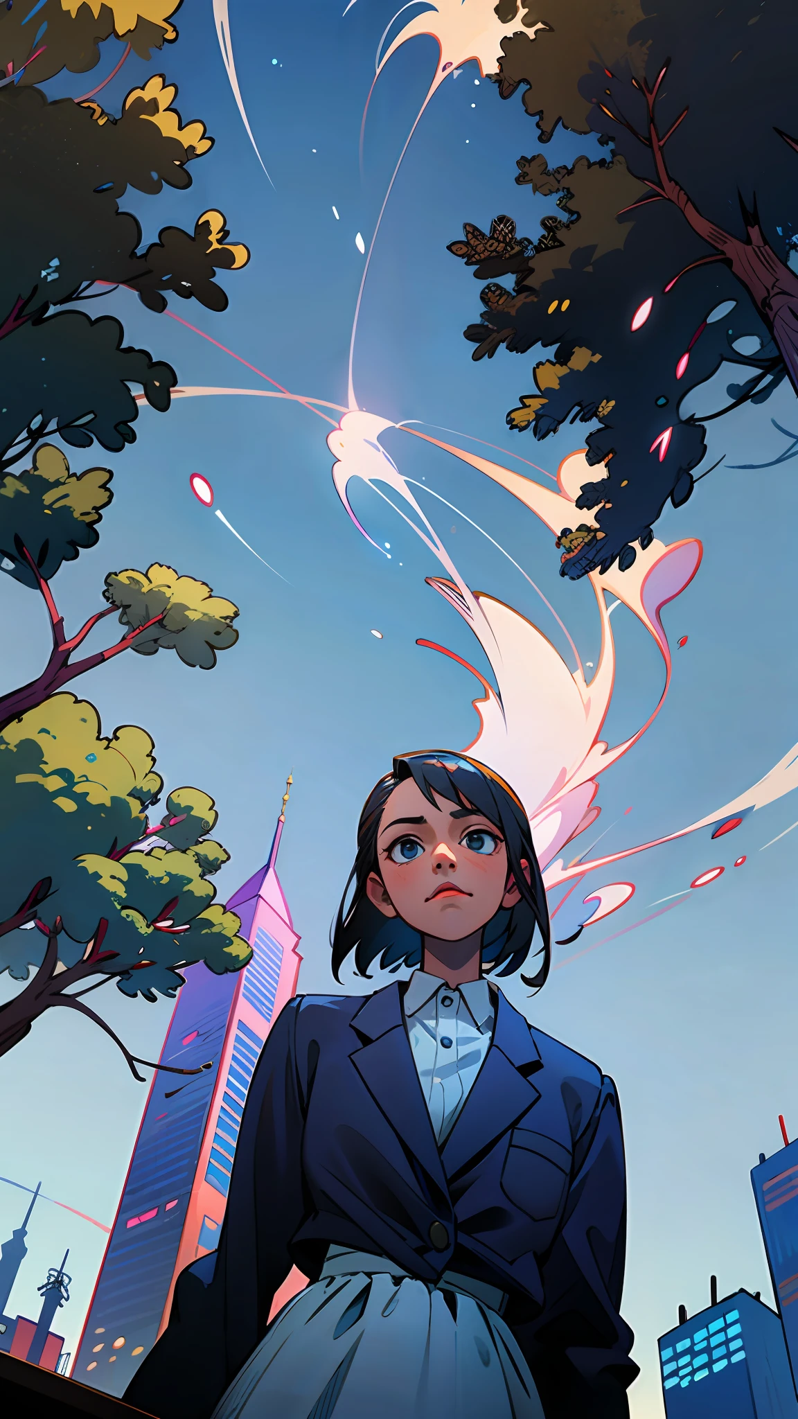 There was a girl standing in a park，The background is a city, looking to the sky,there is blue sky, She is facing the camera, low angle facing sky,Black blazer，puled up dress