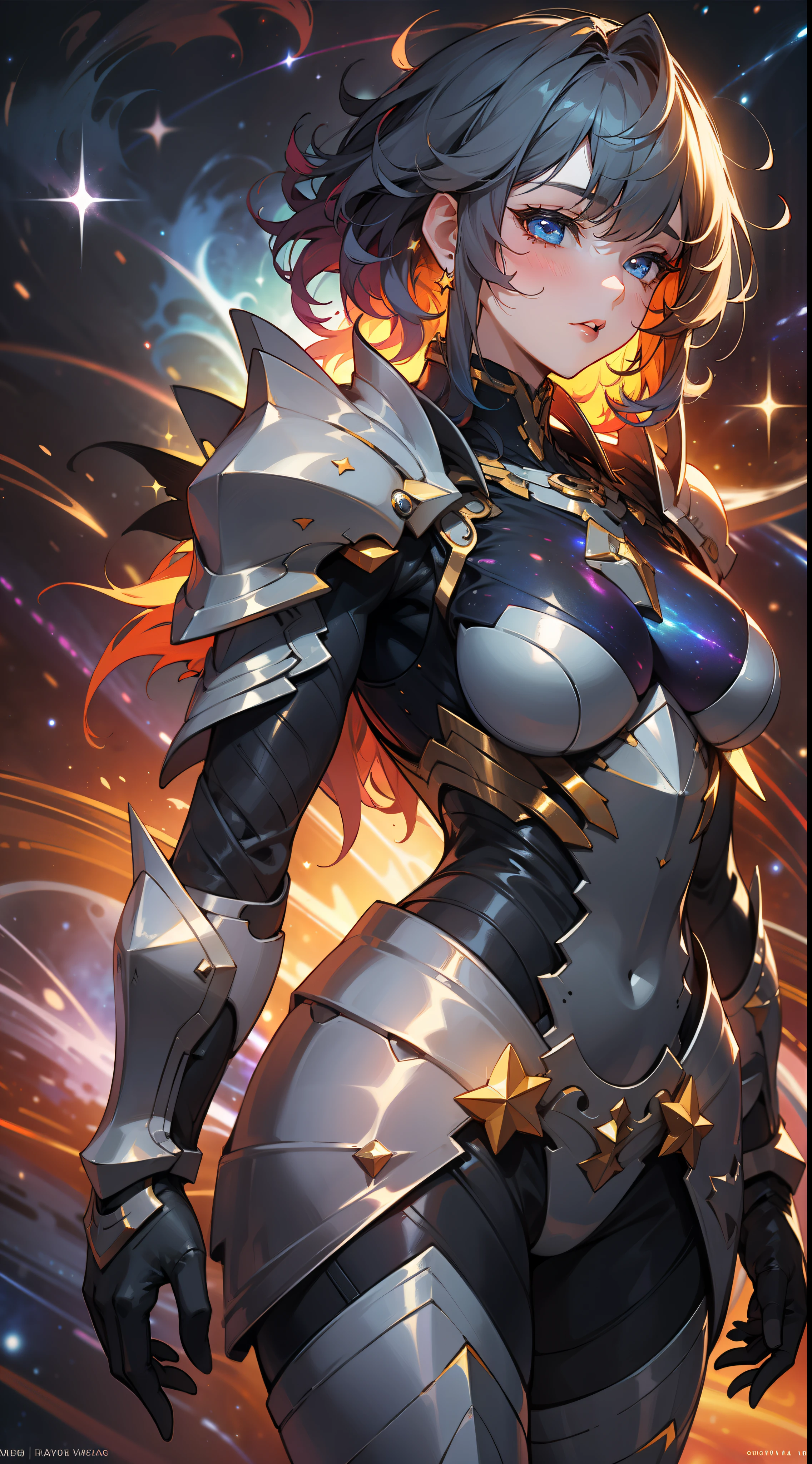 a mature woman, wildly rainbow colored curly hair, dark fantasy, blue colored armor, standing, cosmic nebula background, stars, galaxies