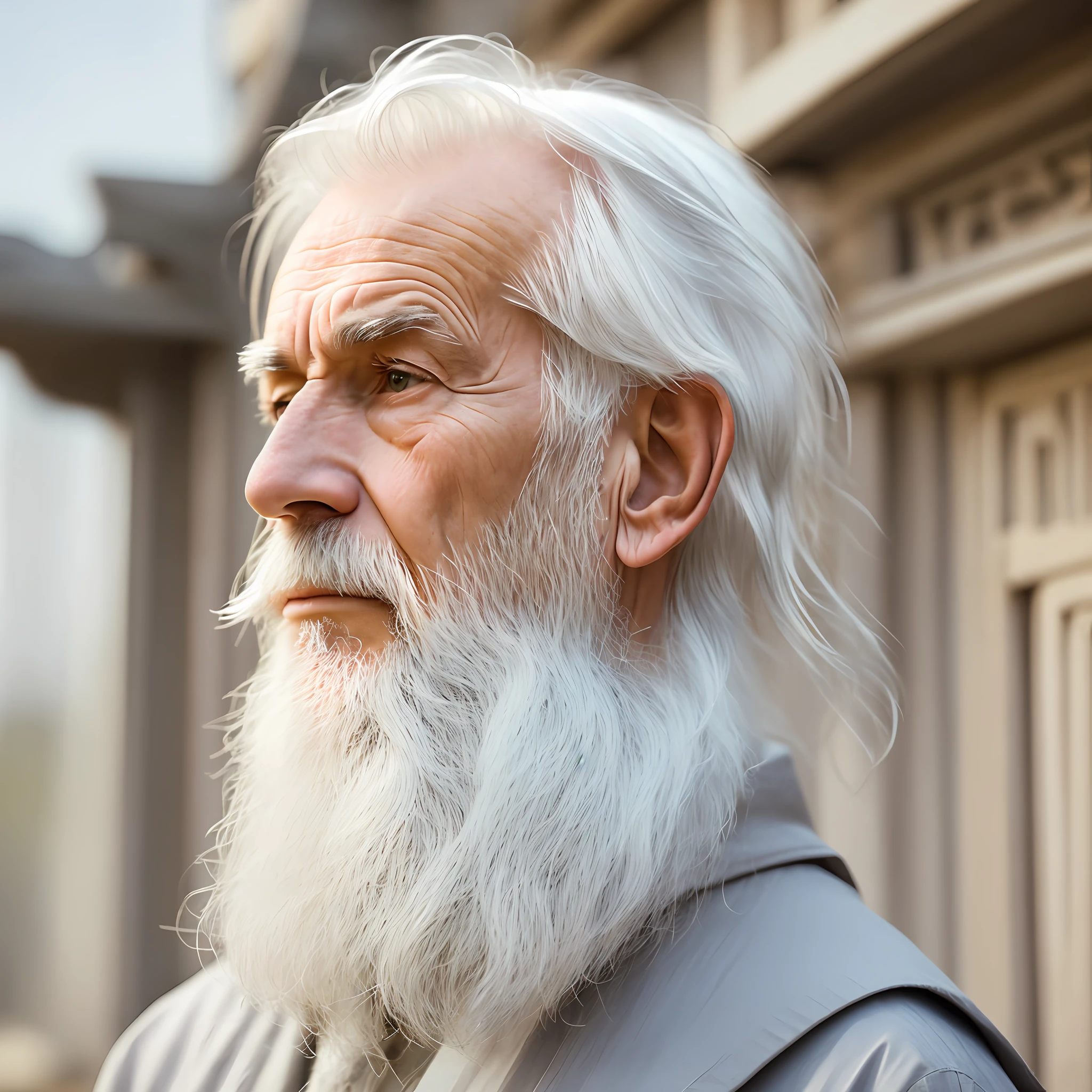 An elder with a beard and white hair, with a serene face, looking producing, inside a futuristic temple --auto --s2