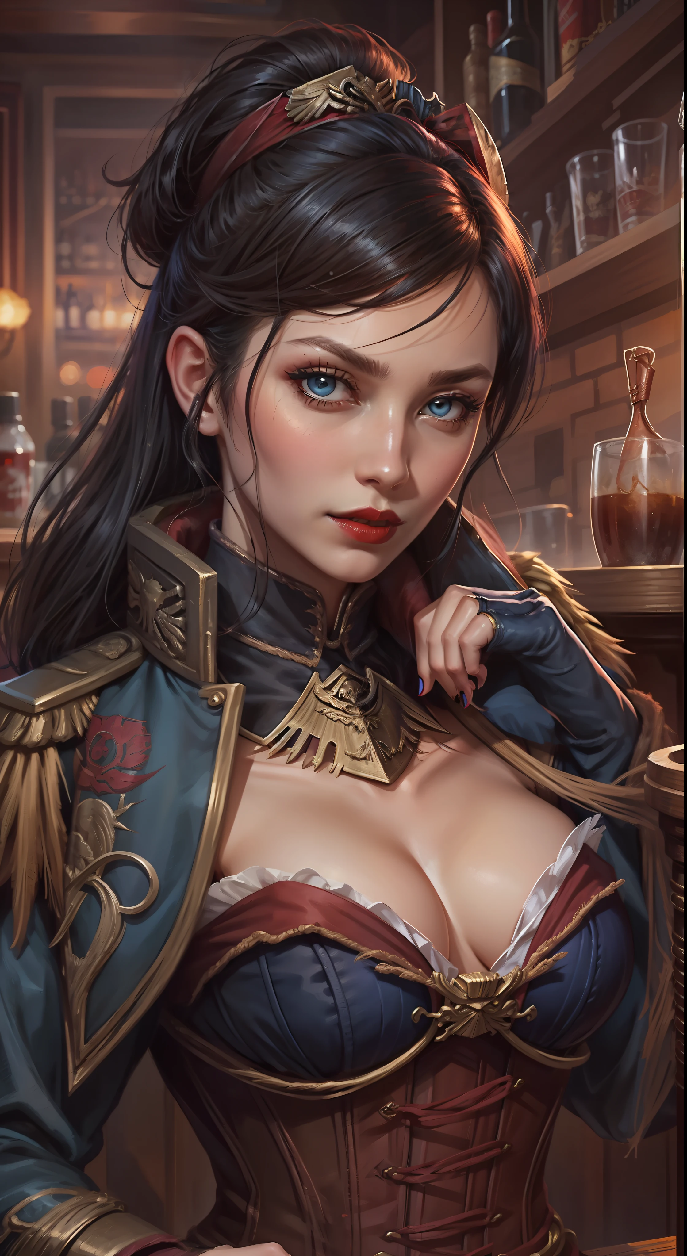 Warhammer 40k commissioner, man, short beard, black hair, light eyes, dark blue outfit next to R3DD34Dstyle, digital painting, imperial courtesan woman, sexy, black hair, corset, red lips, cleavage, in salon, purple sky, are in a bar.