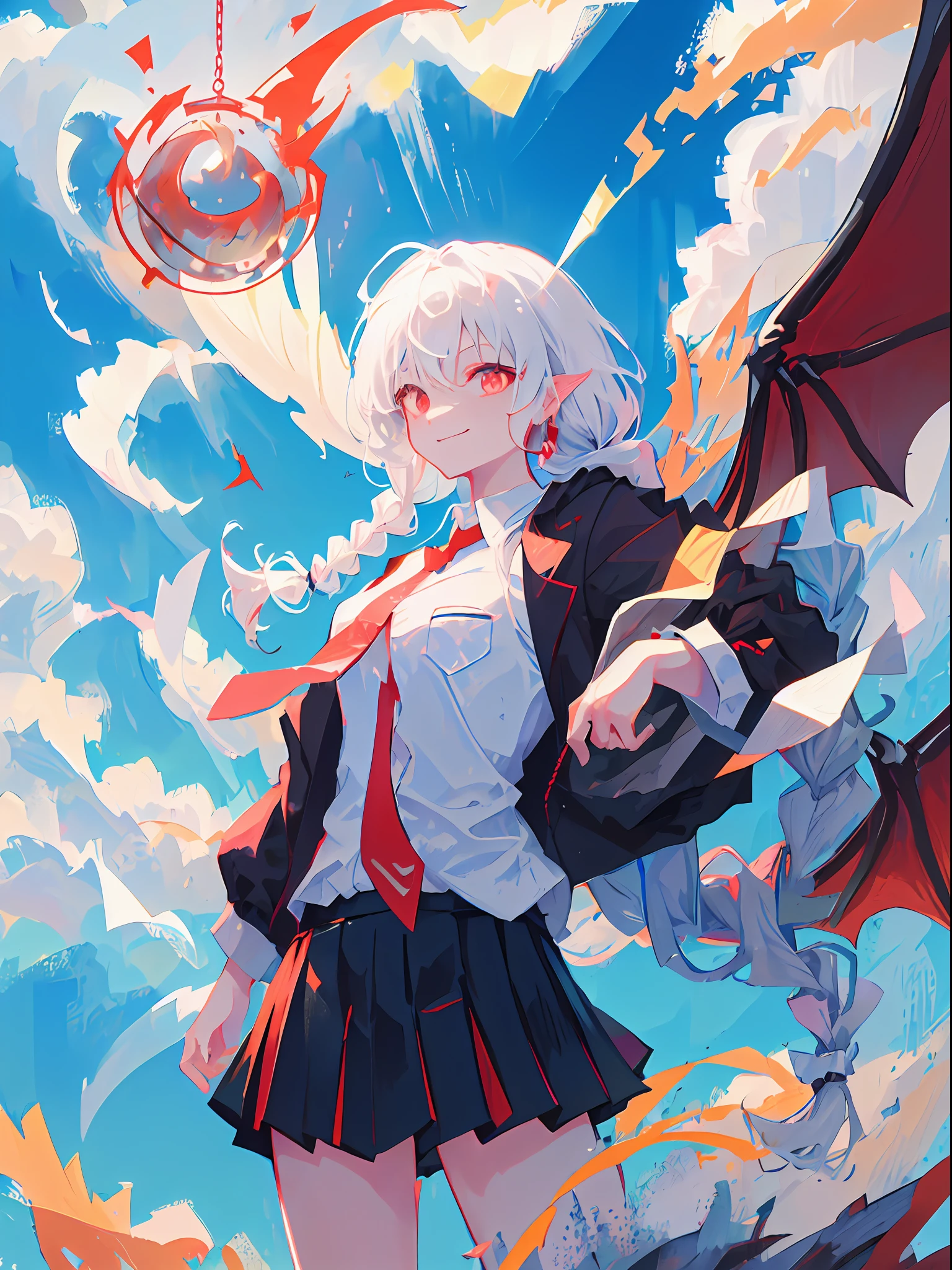 1girl, Red eyes、Sharp eye light、red necktie、Black jacket、White shirt、Black miniskirt、Student uniforms、Sorrisos、White hair、Braids、Dragon Wings、Dragon's horn、Dragon's tail、Naturally、blue skies、white clouds、Mystical light、upper body