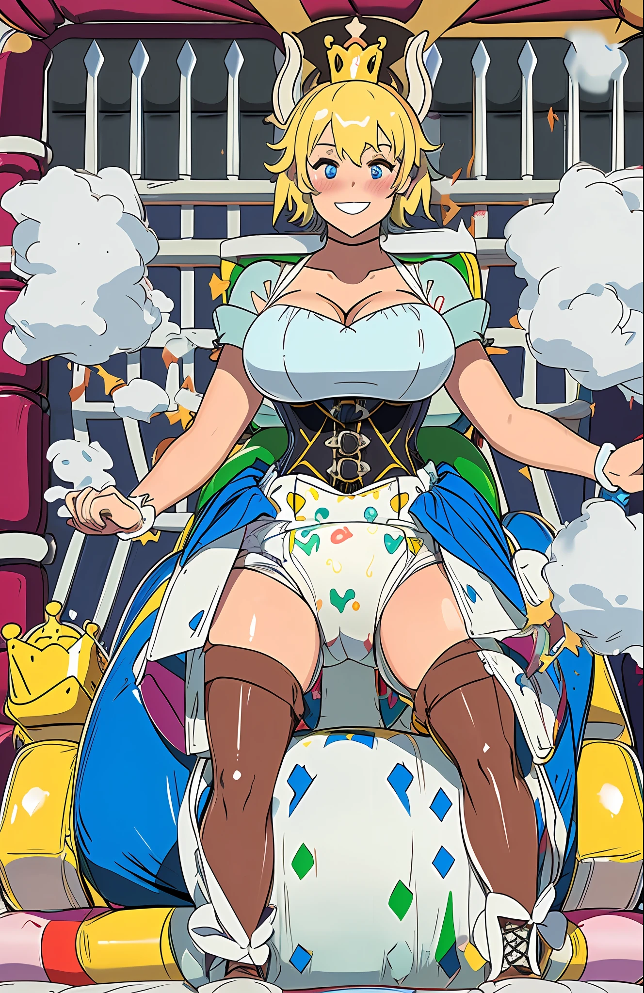 Sexy girls wearing ((big diaper)), ((bowsette)), busty, (big breasts), wide hips, ((latex)), stockings, fishnets, corsets, (hypnotized expression), ((hypnotic)), ((magical)), (blushing), ((embarrassed expression)), pleasure, ((orgasmic)), smiling, colorful, stage, stage lights, brick wall, (magic fog), ((mommydom)), ((bounce castle)), ((inflatables))