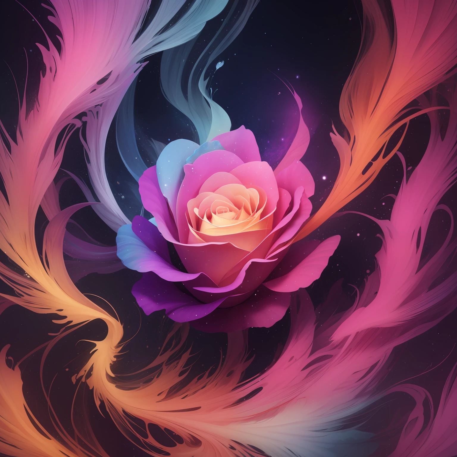 Rose Flower Nebulosa Galaxy, Splash art, style, 3D Illustration, Abstract Art, Print illustrations, Dark Background, Vibrant Color, Very Colorful, Trendy Colorful Gradient, Centered, Front View, Hyper Detailed, Photo realistic Rendering, Focused, Super Detailed, head feathers, Intricately Detailed Splash Art, Gothic, High resolution, close-up, ambient light