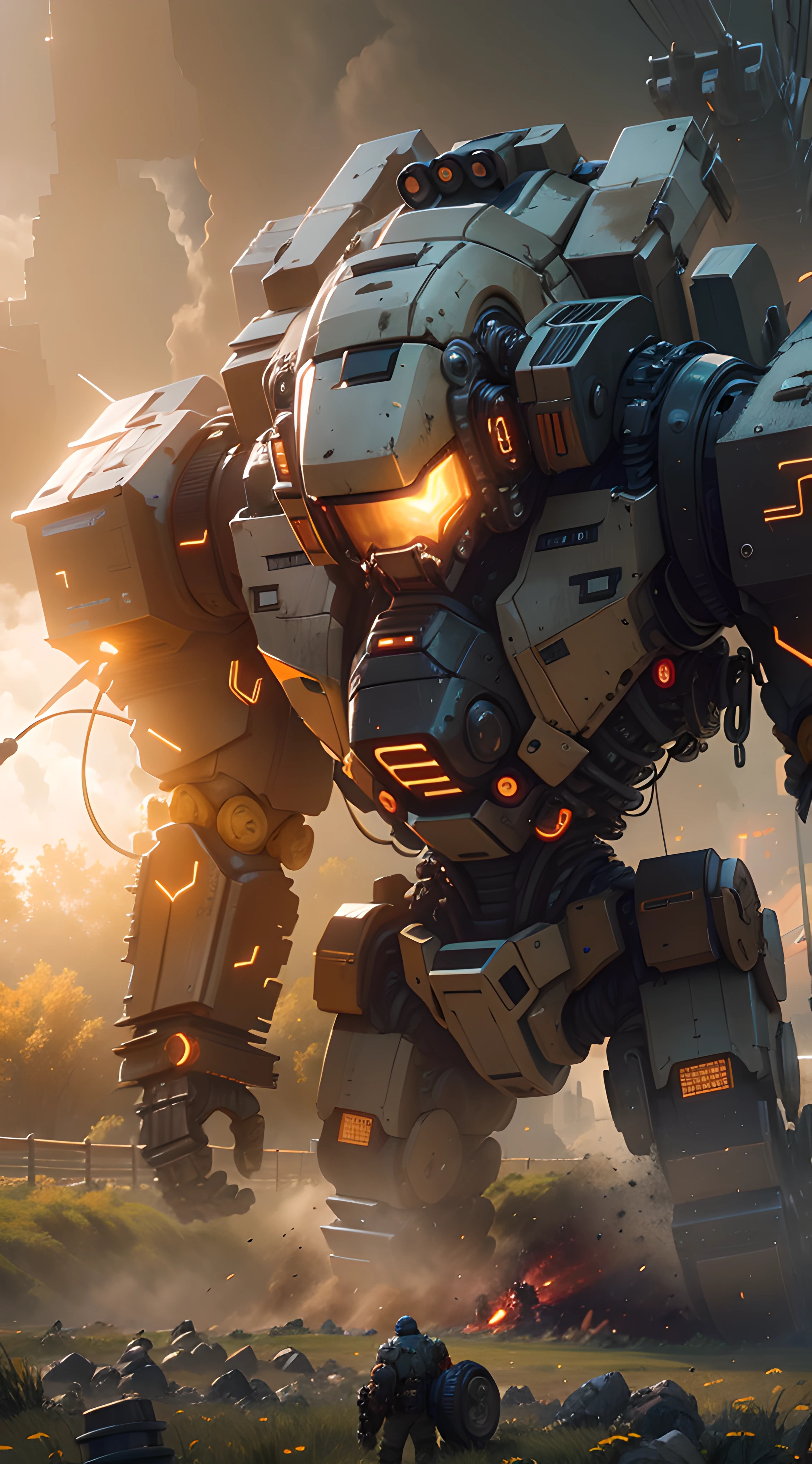 there is a man standing next to a giant robot in a field, soldiers and mech fight, concept art octane render, wojtek fus, concept design art octane render, octane render cinematic, Epic. octane rendered, 3 d octane render conceptart, made in unreal engine 5, cinematic 4k octane render, greg rutkowski octane render, greg rutkowski. octane rendered